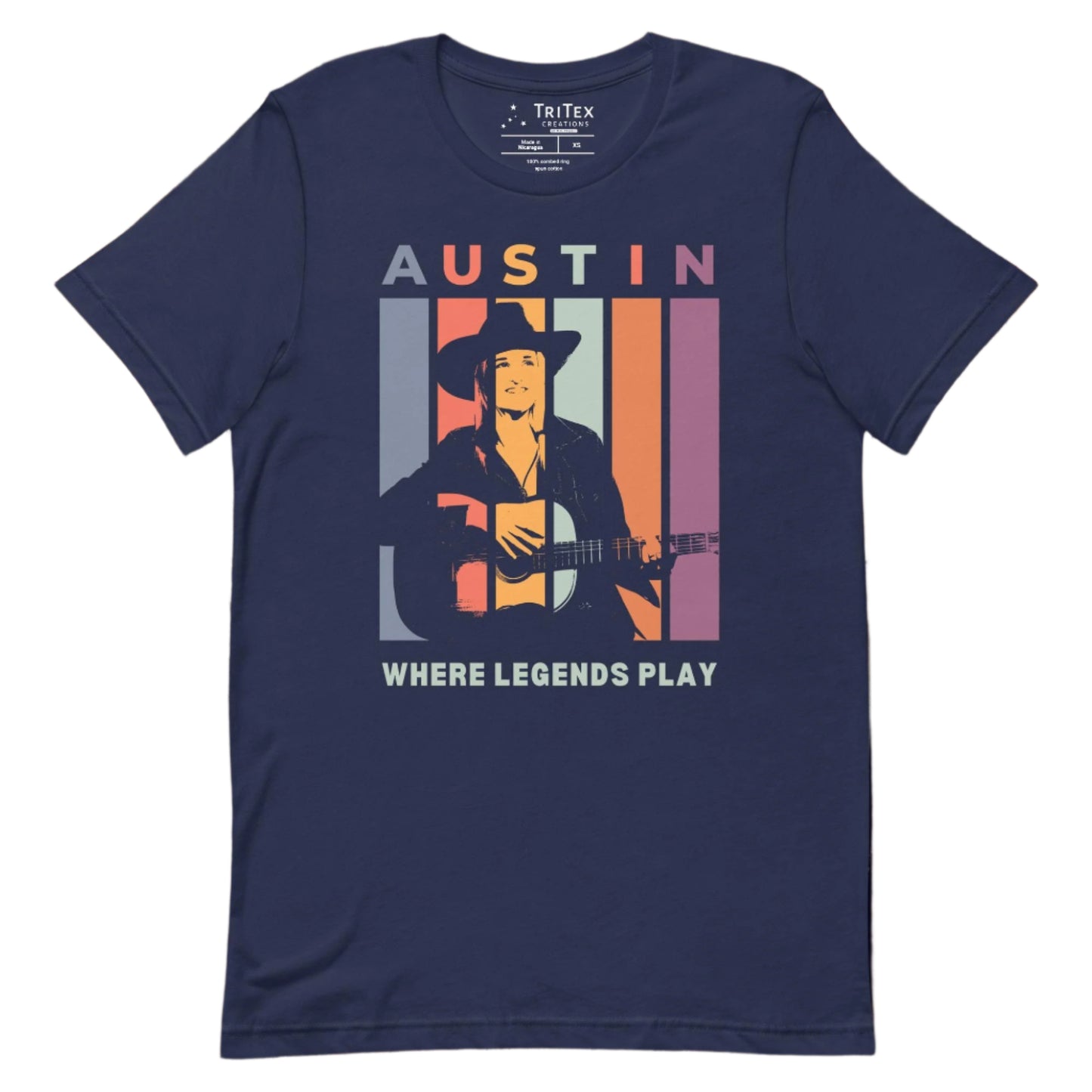 A navy t-shirt featuring a silhouette of a guitarist with the words "Austin. Where legends play".