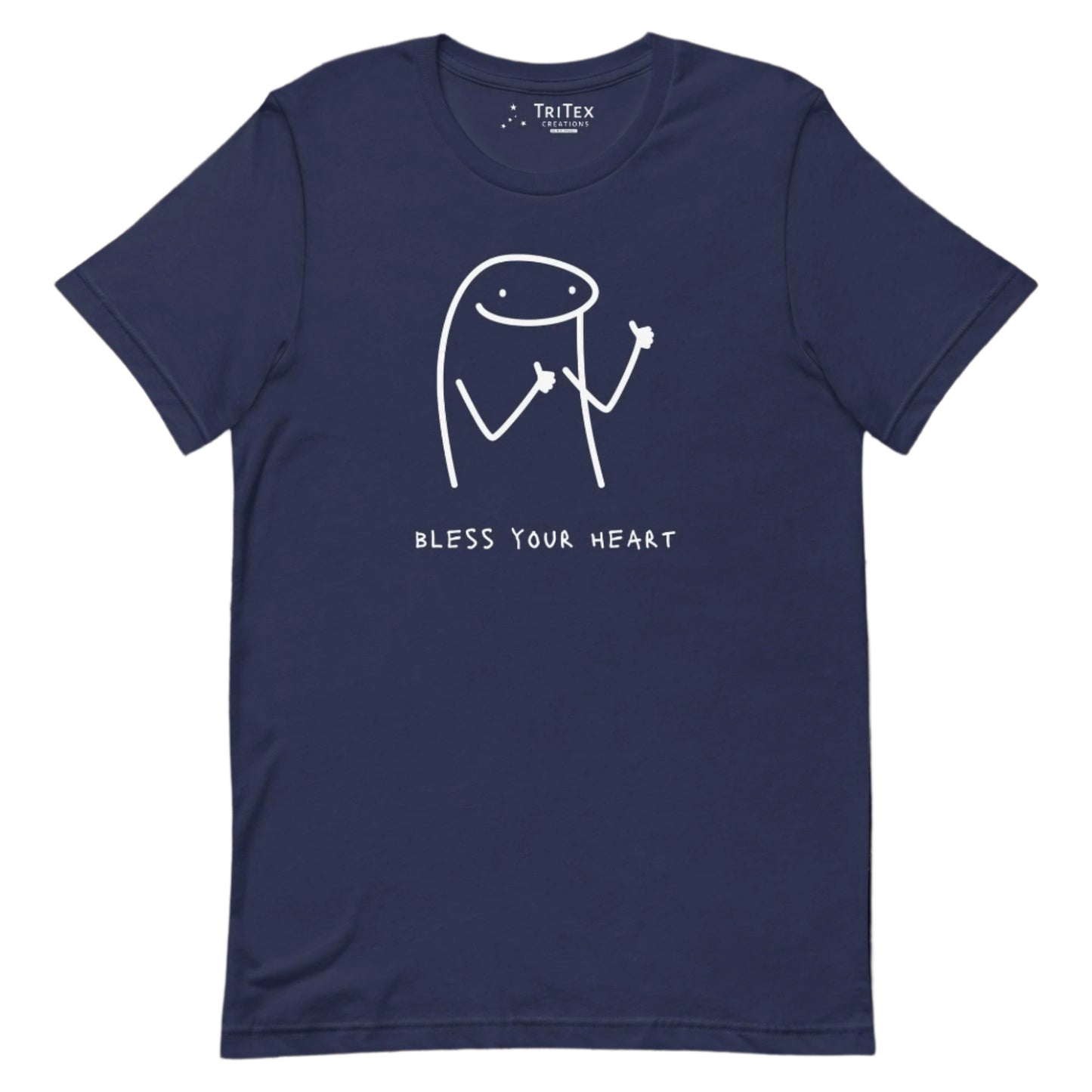 A navy t-shirt featuring a cartoon character giving thumbs up with the words "Bless Your Heart" underneath.