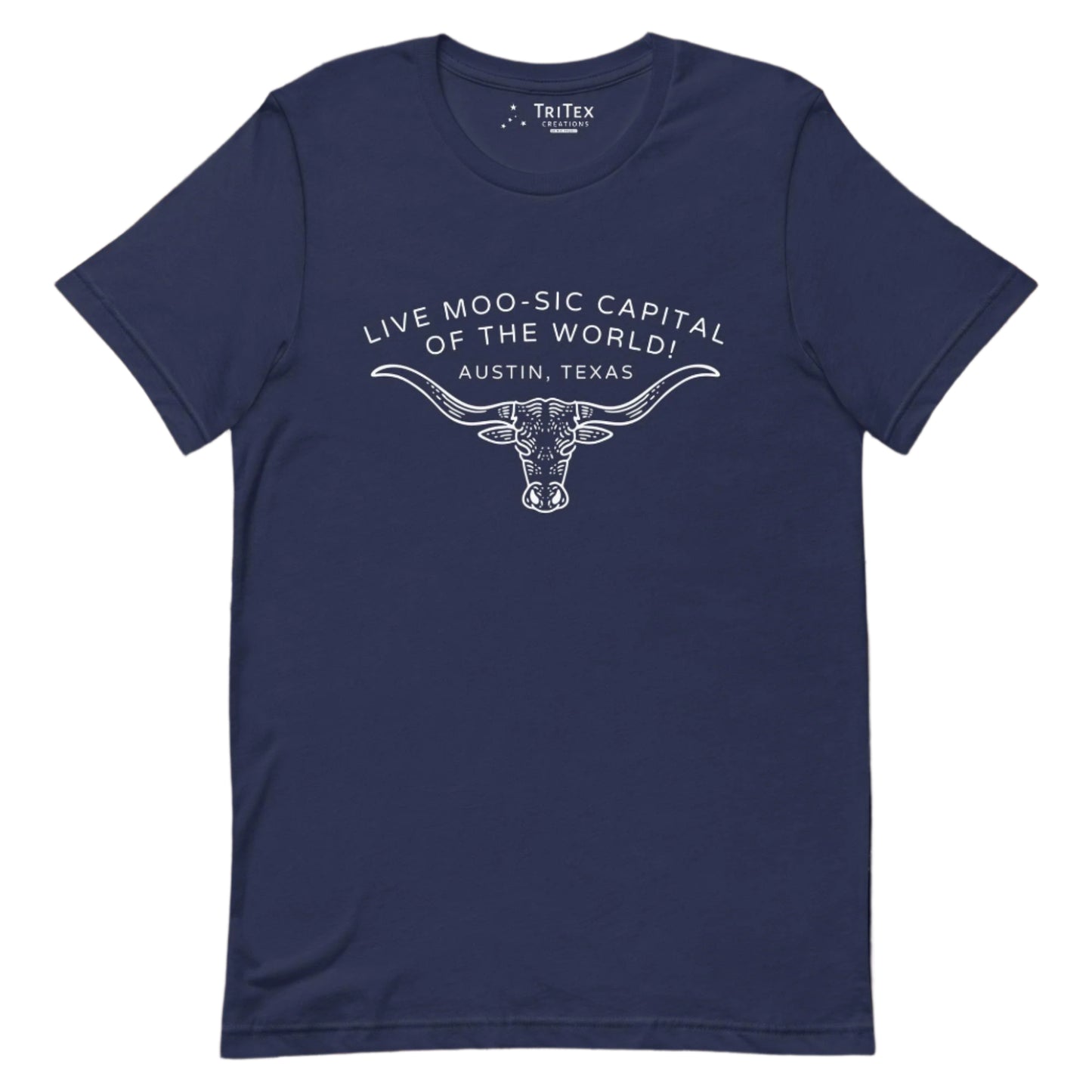 A navy t-shirt featuring an image of a longhorn bull with the words "Live moo-sic capital of the world! Austin, Texas".