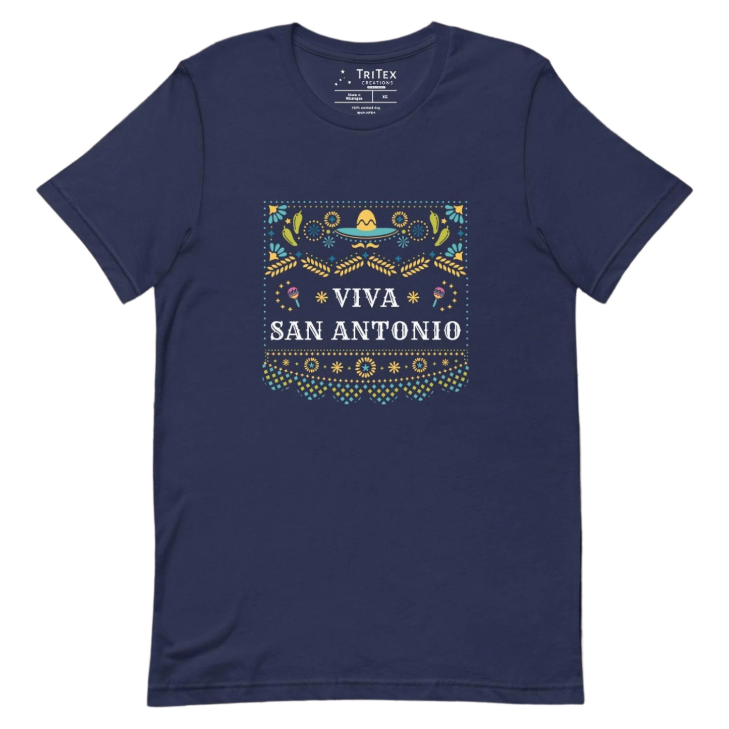 A navy t-shirt featuring a festive Mexican-style pattern with the words "Viva San Antonio".