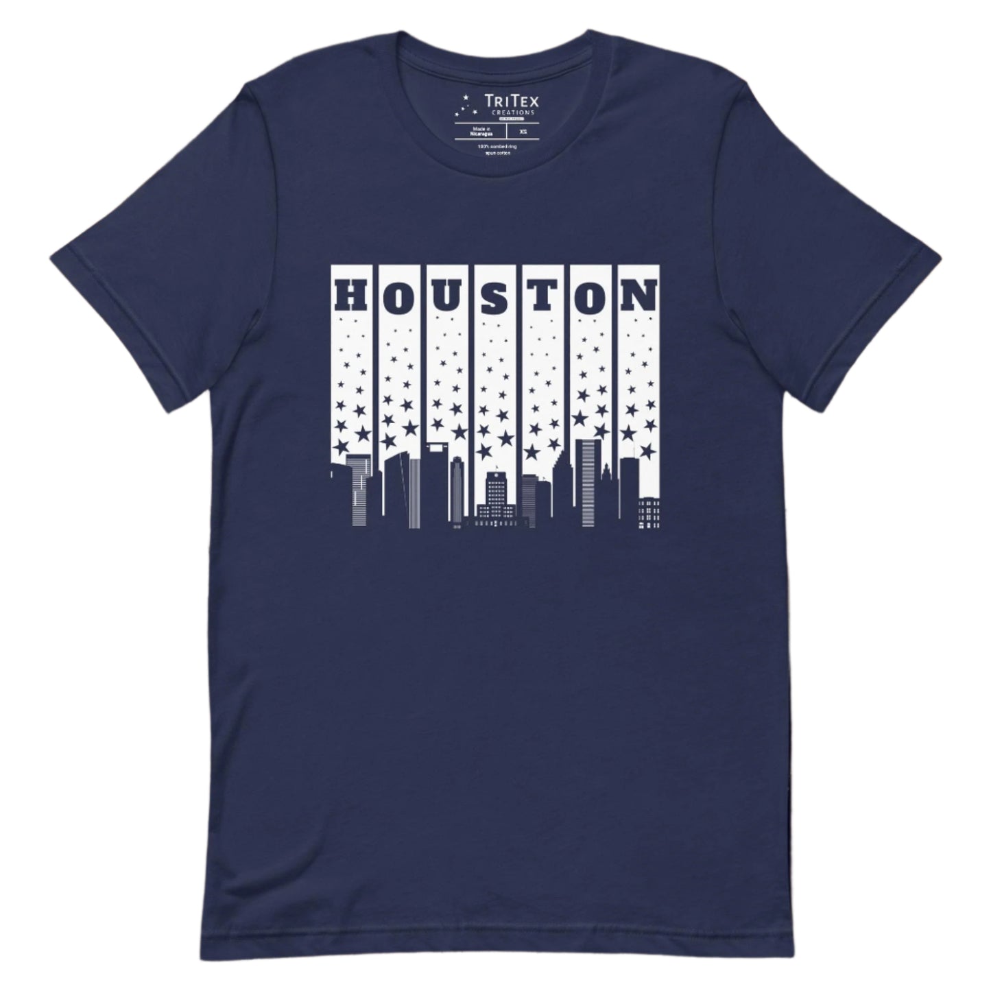 A navy t-shirt with a silhouette of the Houston Skyline with some stars and the words "Houston" above.