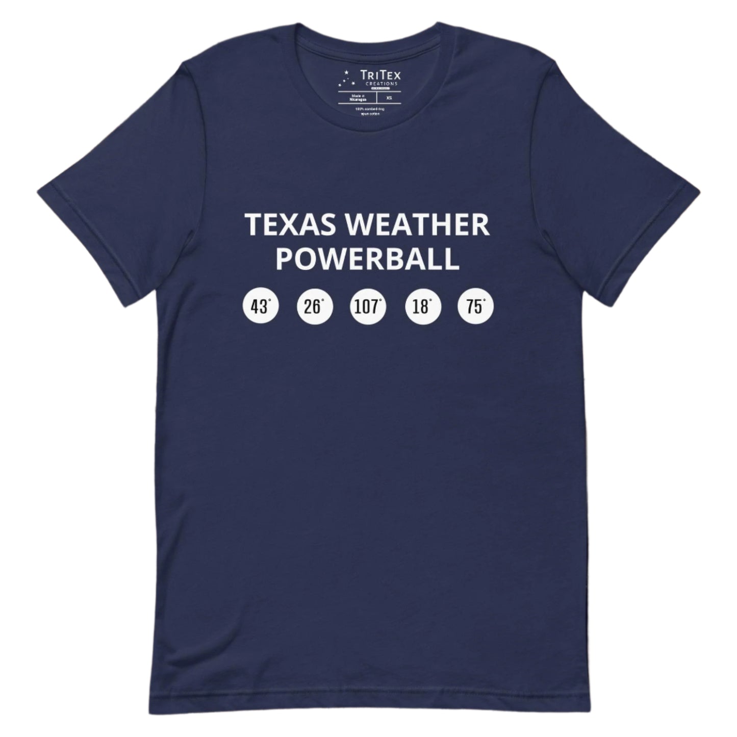 A navy t-shirt featuring circles with powerball numbers meant to represent temperatures with the words "Texas Weather Powerball".