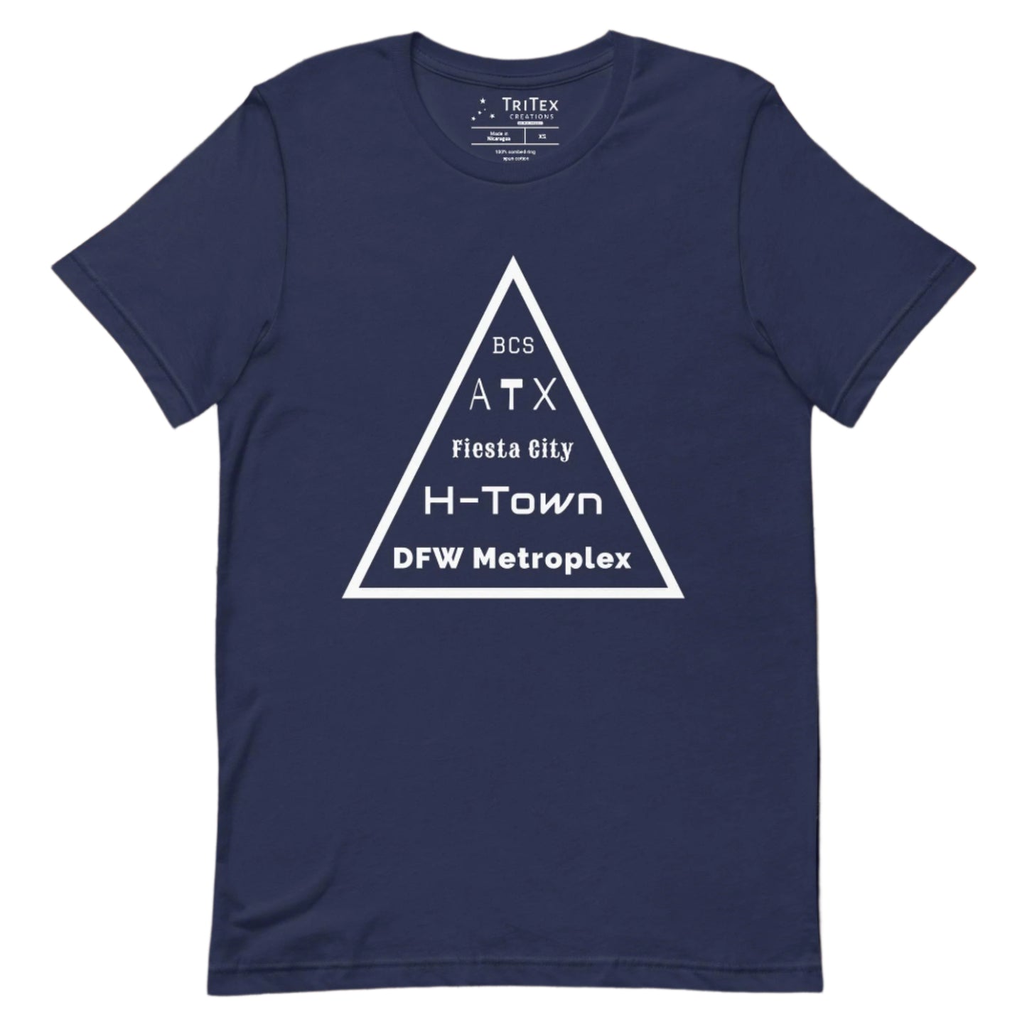 A navy t-shirt featuring a triangle with the text "BCS, ATX, Fiesta City, H-Town, DFW Metroplex".