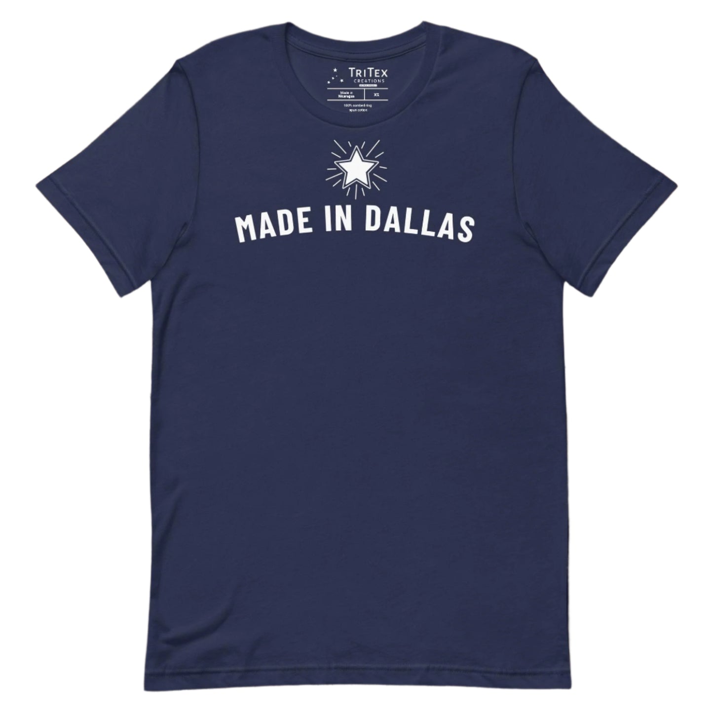 A navy t-shirt with a 5-pointed star and the text "Made in Dallas".