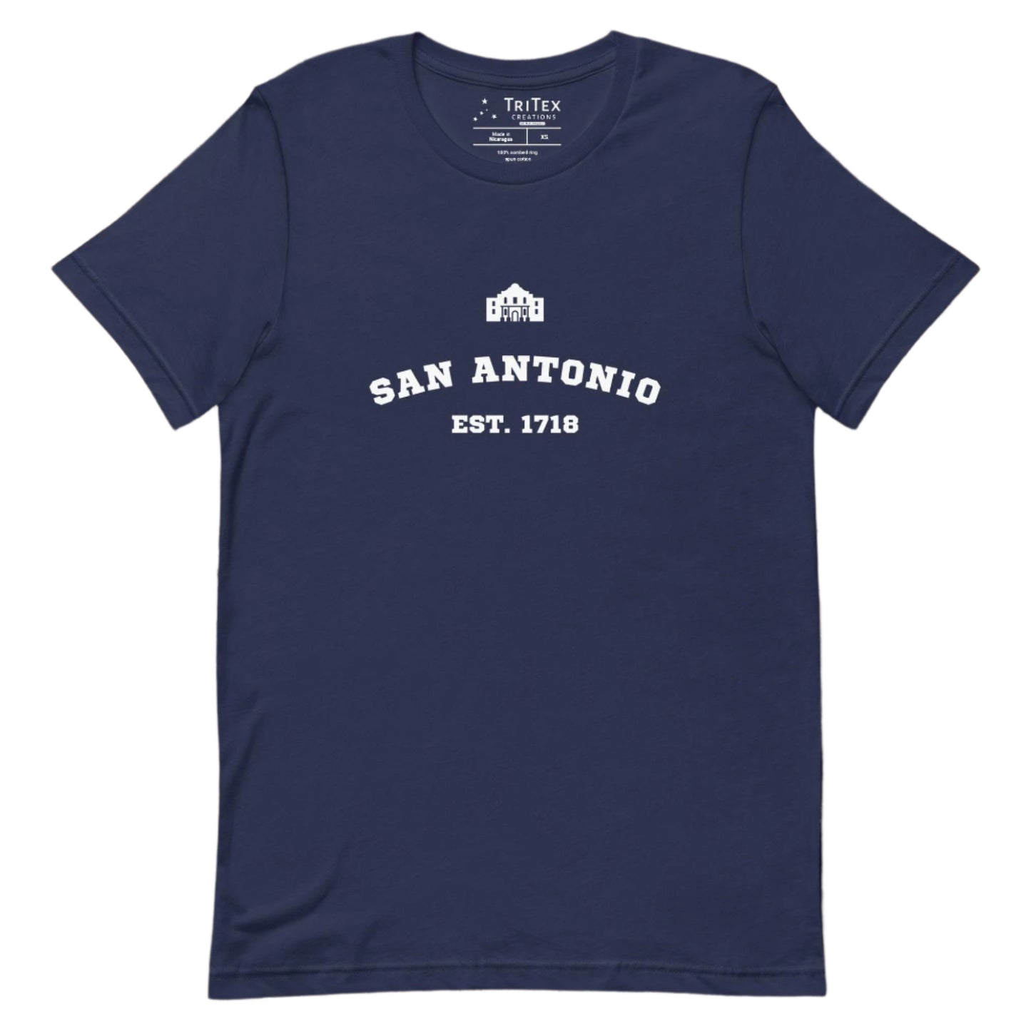 A navy t-shirt featuring a silhouette of The Alamo and the text "San Antonio Est. 1718".