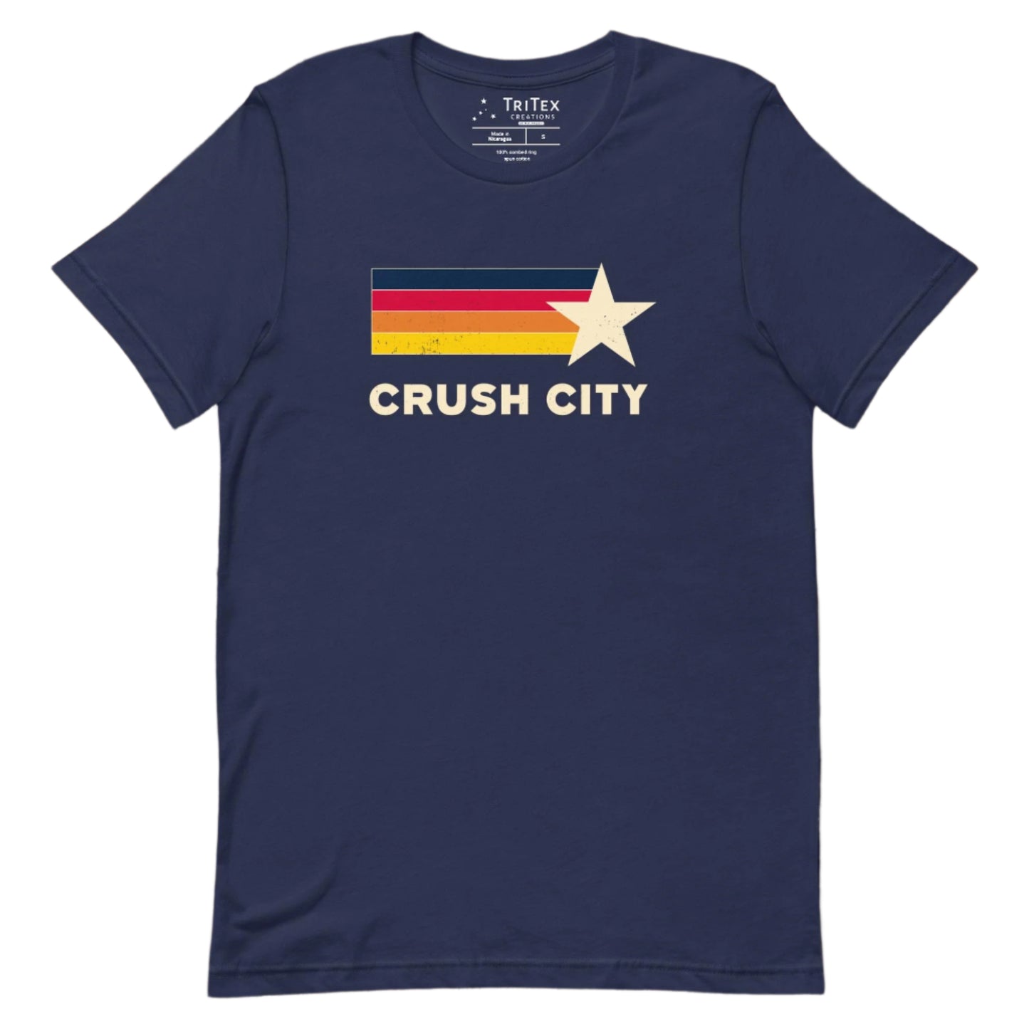 A navy t-shirt featuring blue, red, orange, yellow stripes and a cream-colored star with the words "Crush city".