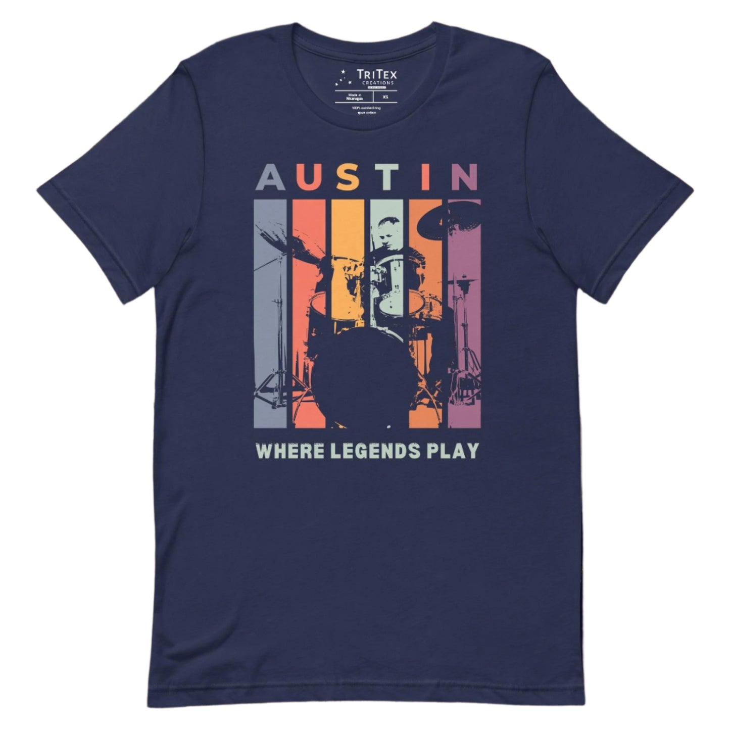 A navy t-shirt featuring a silhouette of a drummer with the words "Austin. Where legends play".