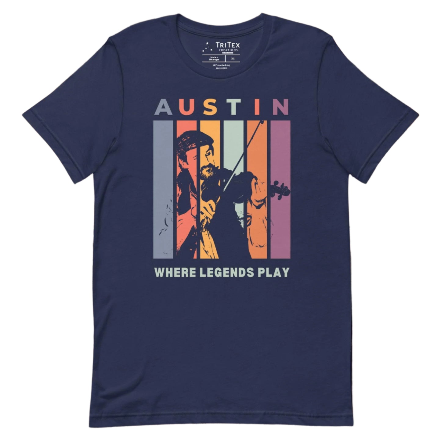 A navy t-shirt featuring a silhouette of a fiddle player with the words "Austin. Where legends play".