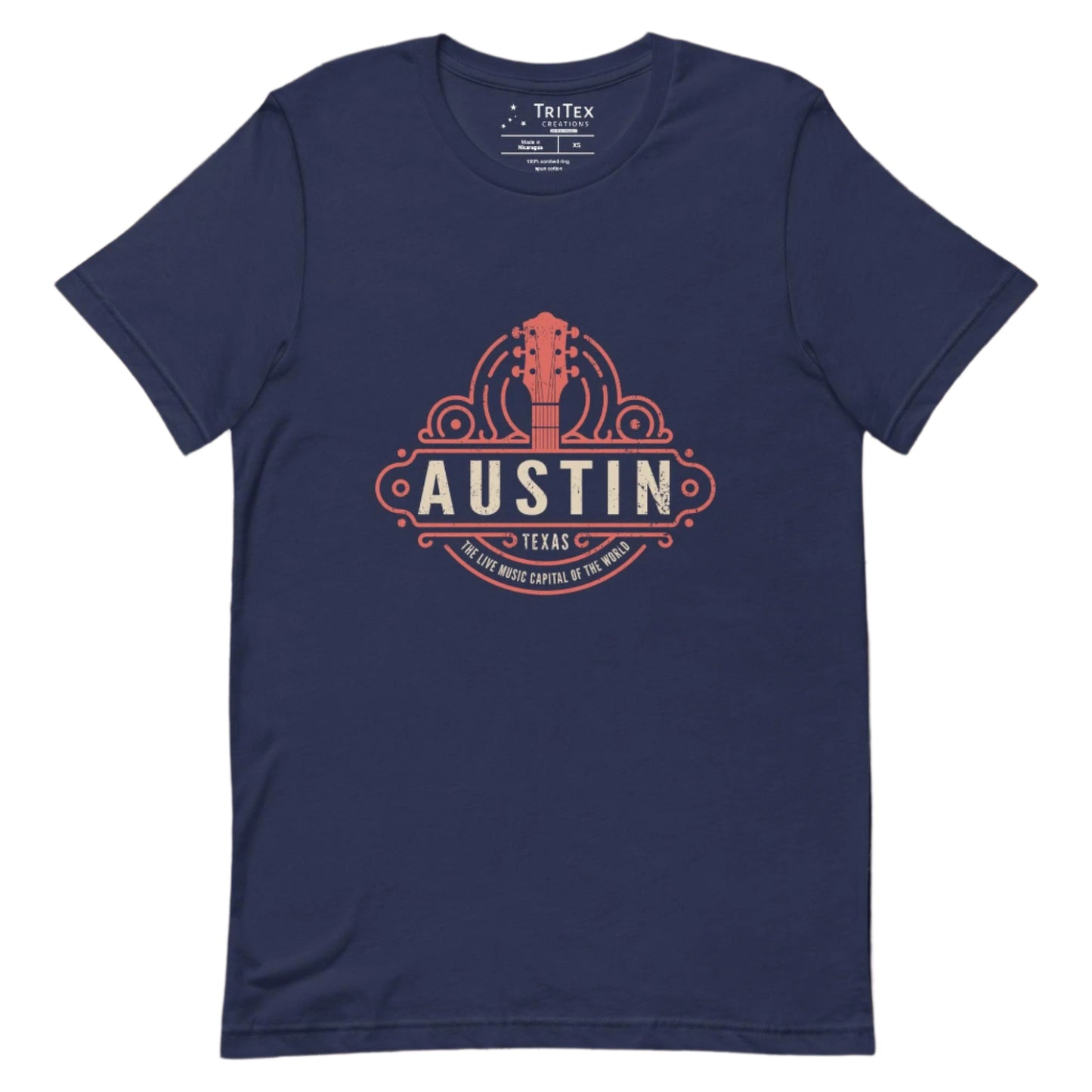 A navy t-shirt featuring the head and neck of a guitar with the words "Austin Texas. The Live Music Capital Of The World."