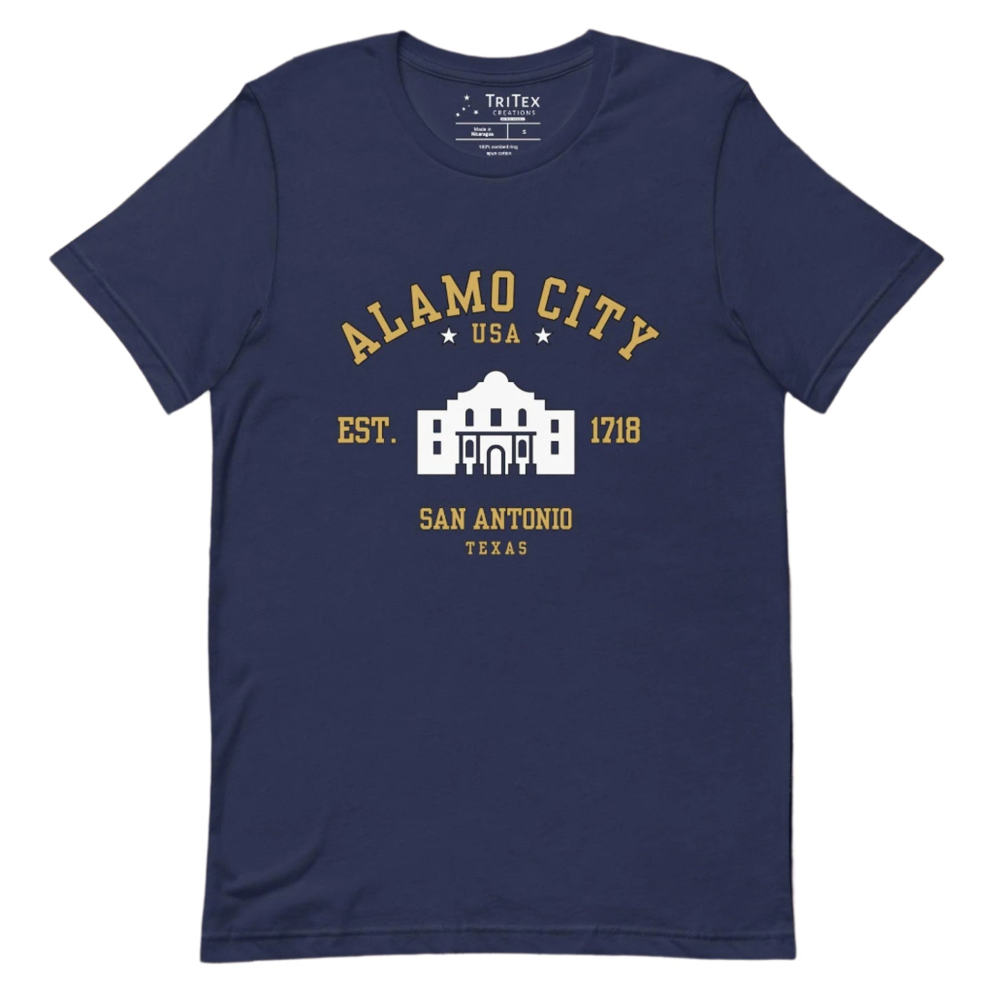 A navy t-shirt featuring an image of The Alamo with the words "Alamo City USA Est. 1718 San Antonio Texas".