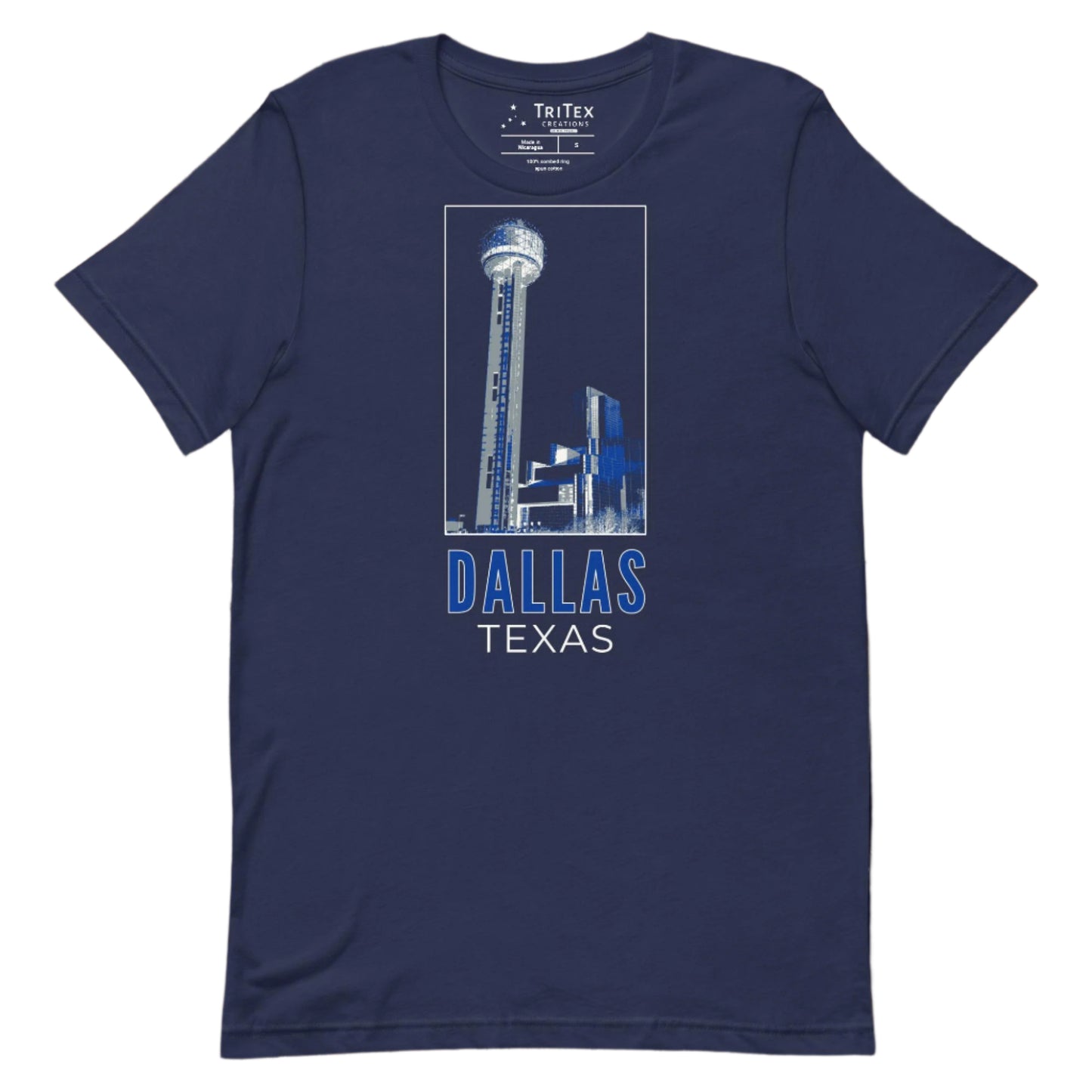 A navy t-shirt featuring an image of Reunion Tower with the words "Dallas Texas".