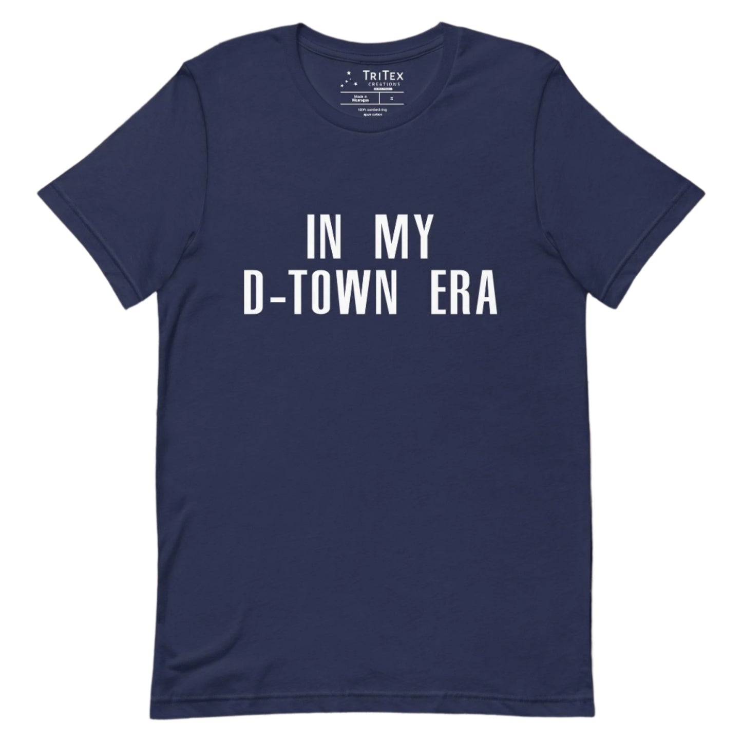 A navy t-shirt with the text "In my d-town era.