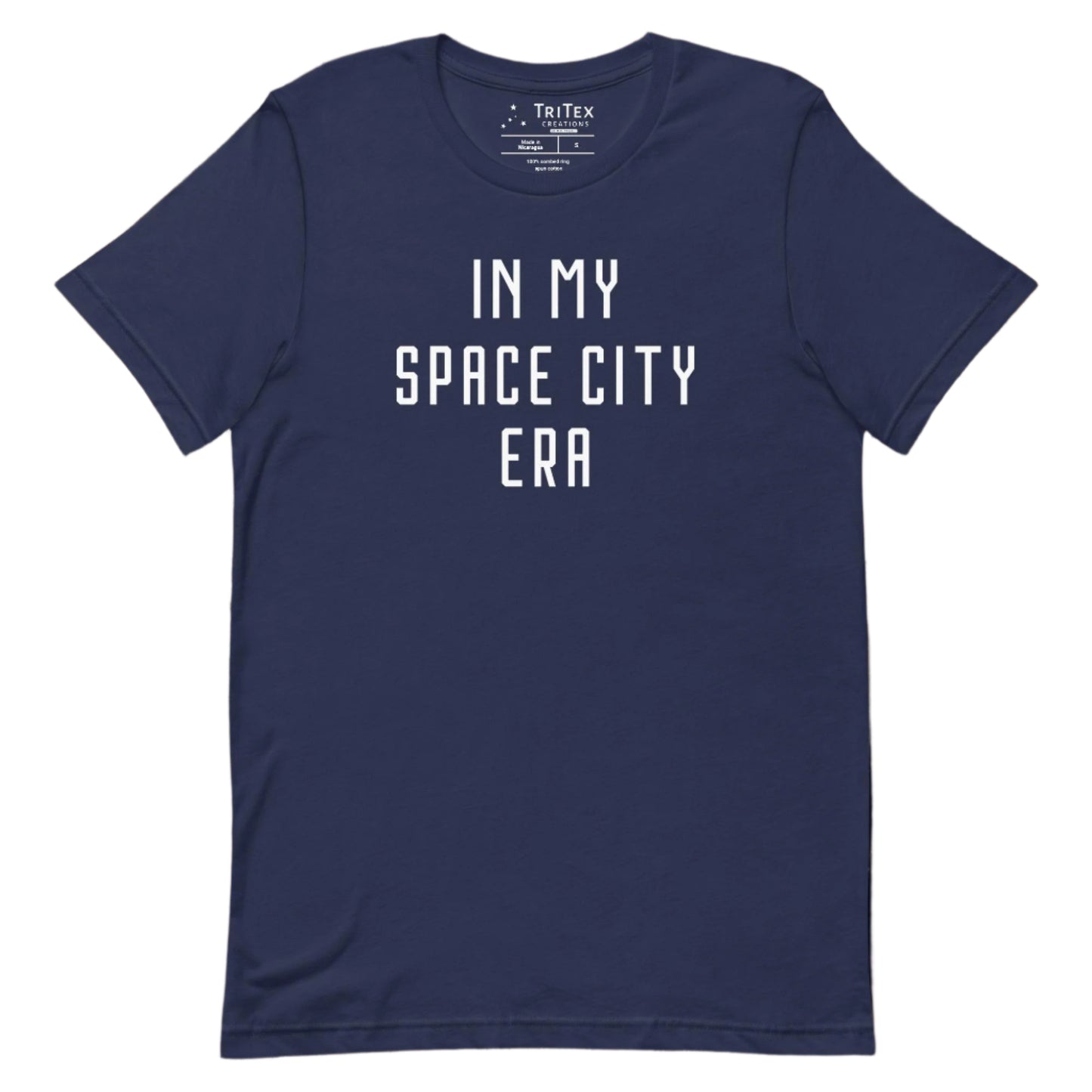 A navy t-shirt that reads "In my space city era".