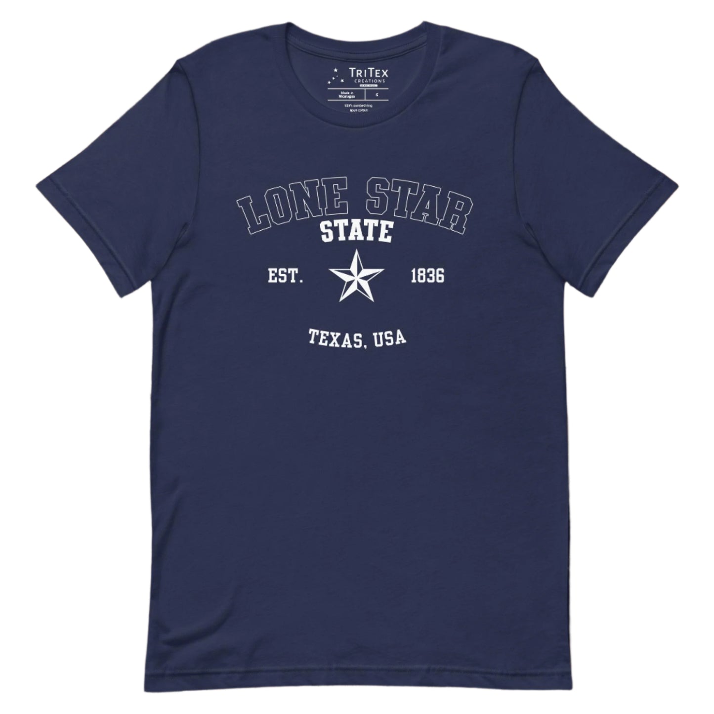 A navy t-shirt featuring a graphic image of a 5-pointed star with the words "Lone Star State Est. 1836 Texas, USA".