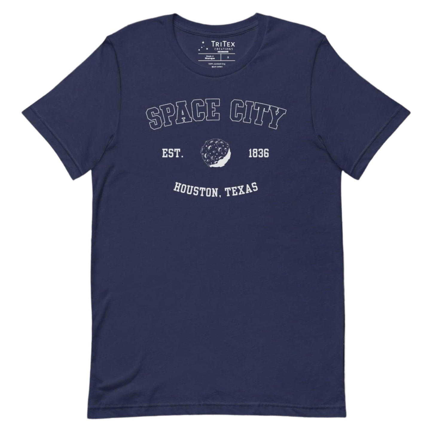 A navy t-shirt featuring a graphic image of the moon with the text "Space City Est. 1836 Houston, Texas".