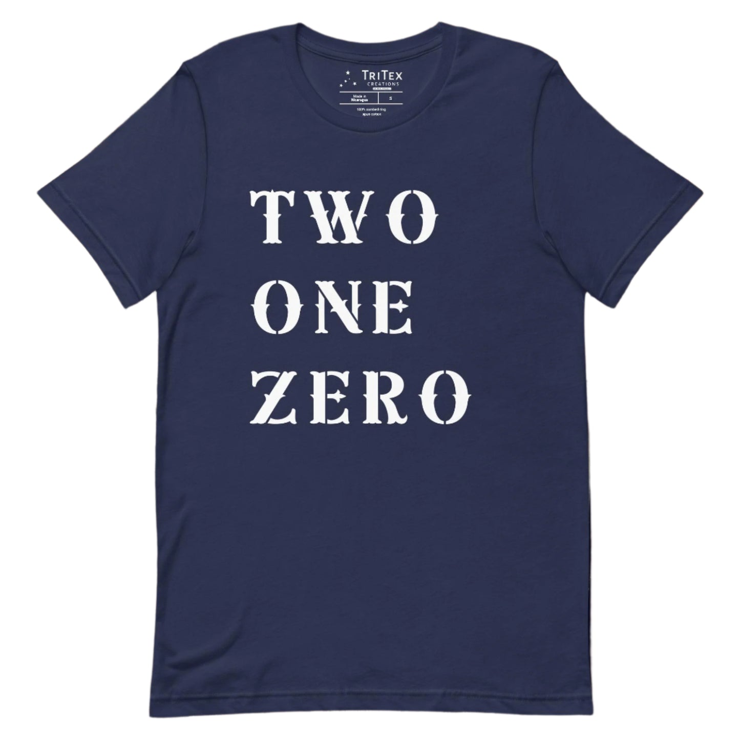 A navy t-shirt with the text "TWO ONE ZERO".