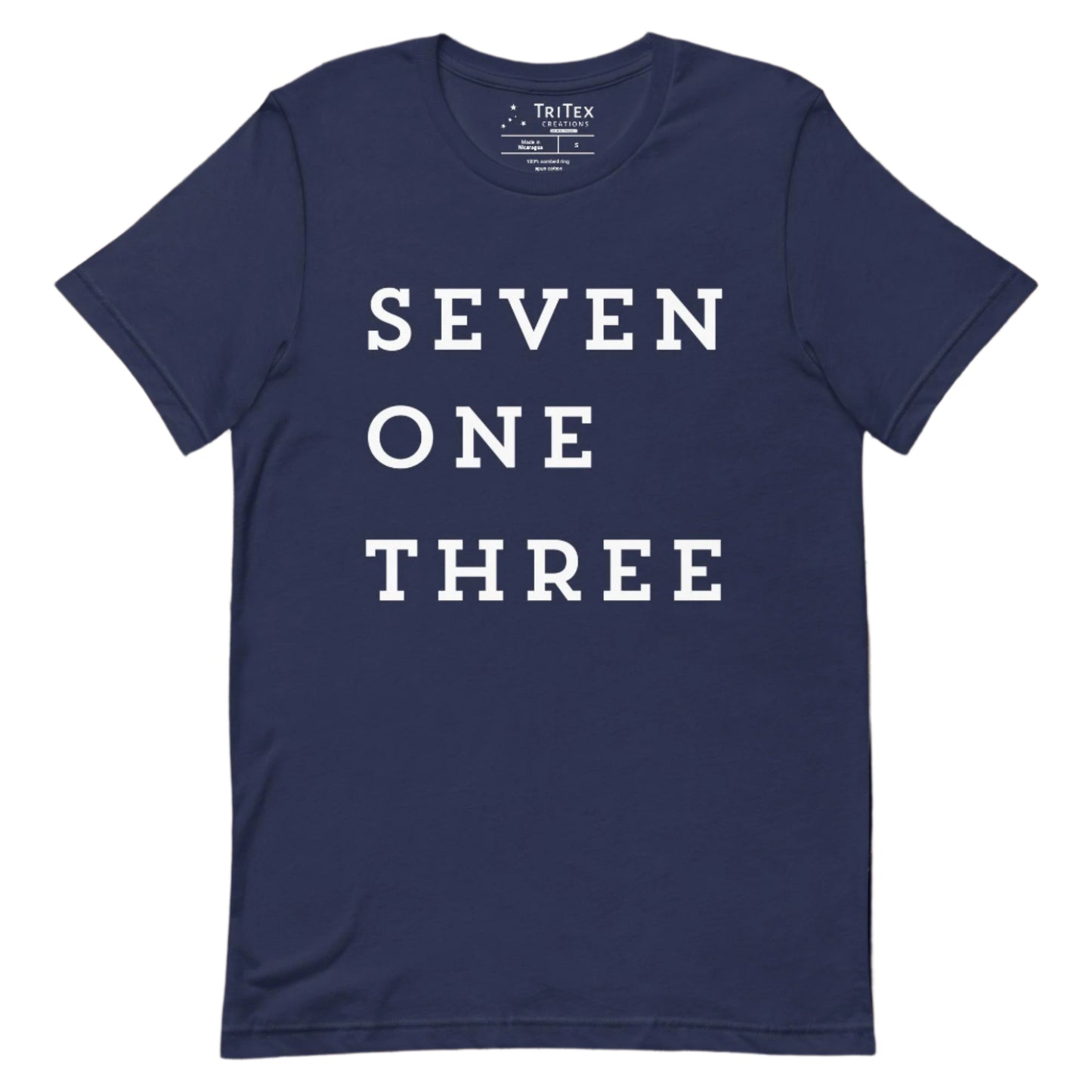 A navy t-shirt with the text "SEVEN ONE THREE".