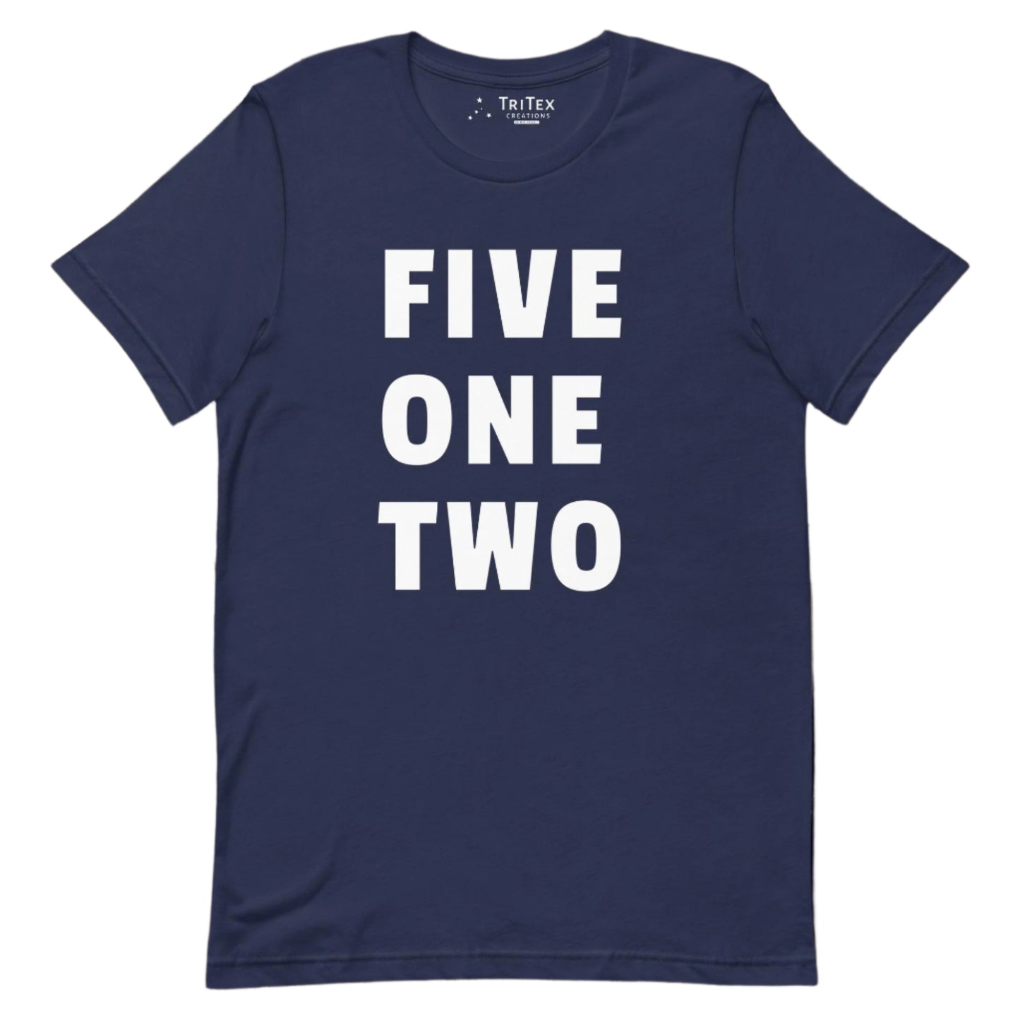 A navy t-shirt with the text "FIVE ONE TWO".