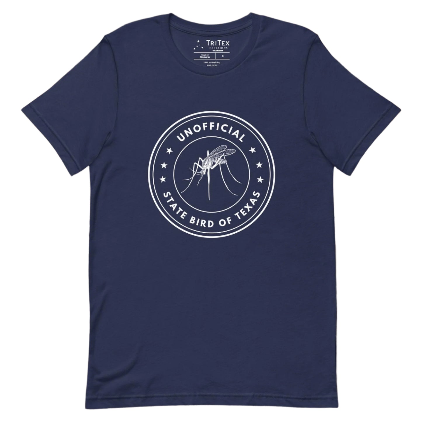 A navy t-shirt featuring an image of a mosquito with the text "Unofficial State Bird Of Texas".