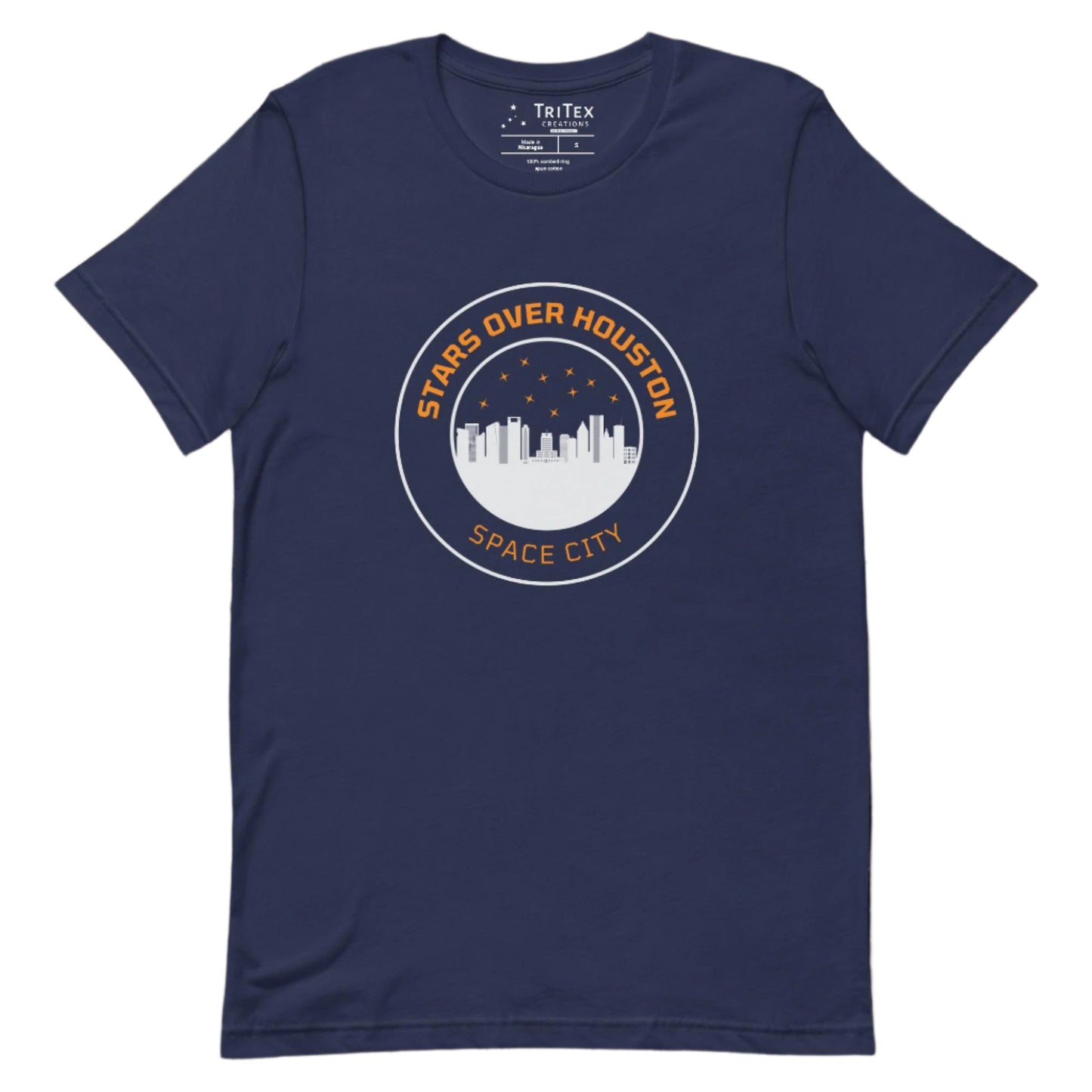 A navy t-shirt featuring the Houston skyline underneath a starry sky with the words "Stars over Houston. Space City".