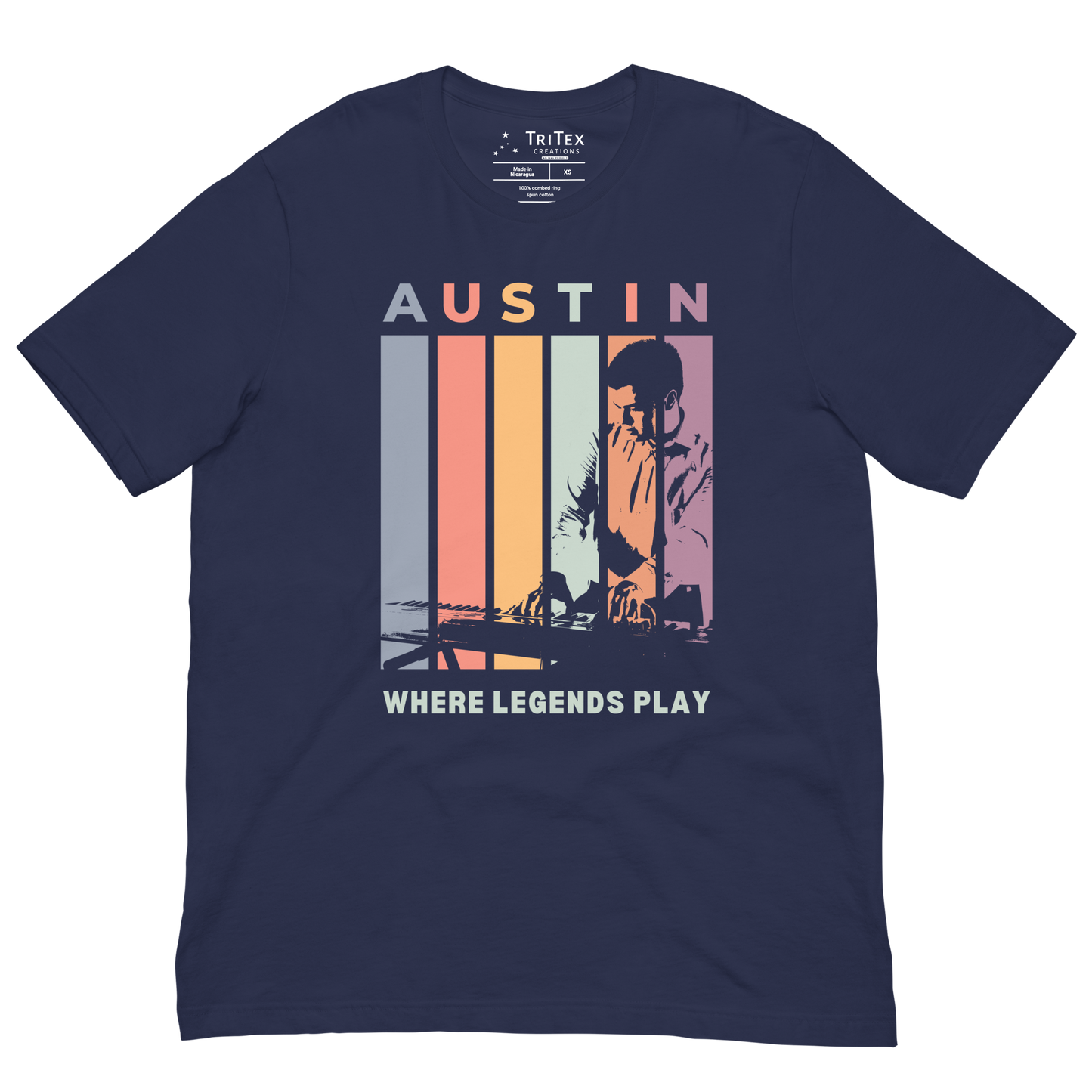 A navy t-shirt featuring the silhouette of a keyboard player with the words "Austin. Where legends play".