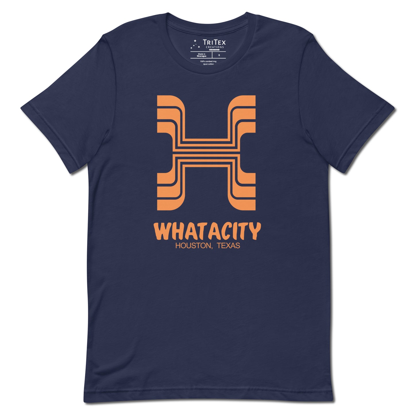 A navy t-shirt featuring a letter H style like the Whataburger logo with the text "Whatacity Houston, Texas".