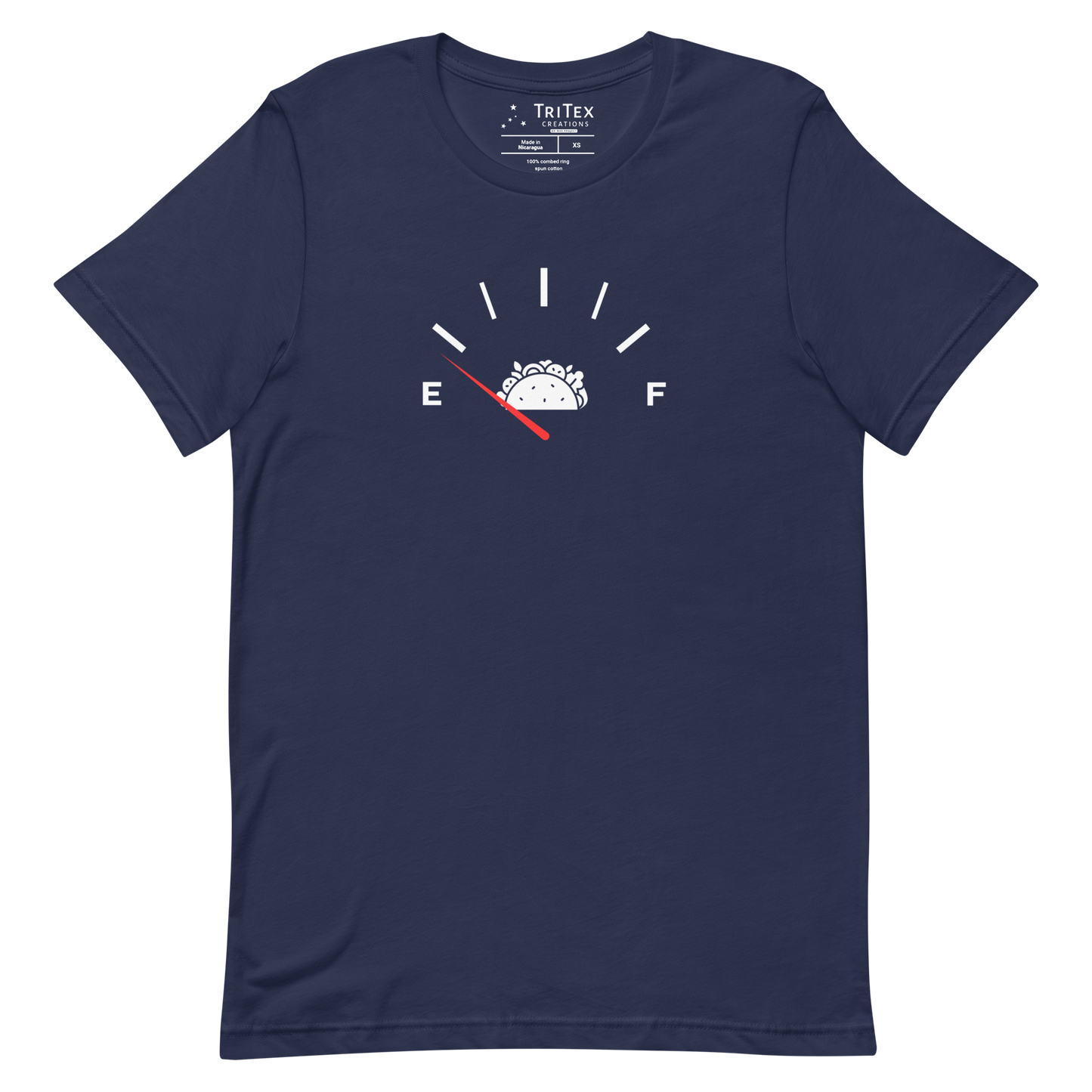 A navy t-shirt featuring a graphic image of a fuel gauge running on empty with a picture of a taco.