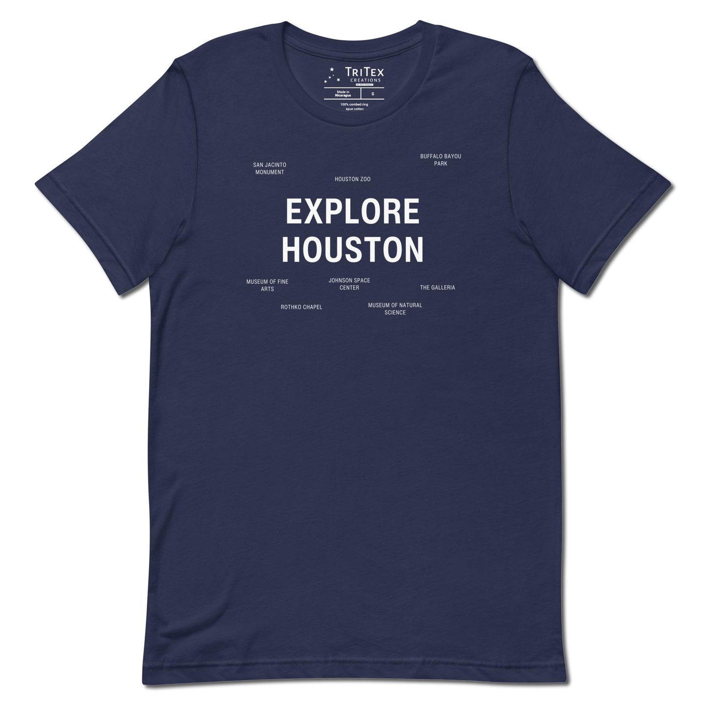 A navy blue t-shirt which reads "Explore Houston" in big, bold text with smaller text elements naming Houston's landmarks.