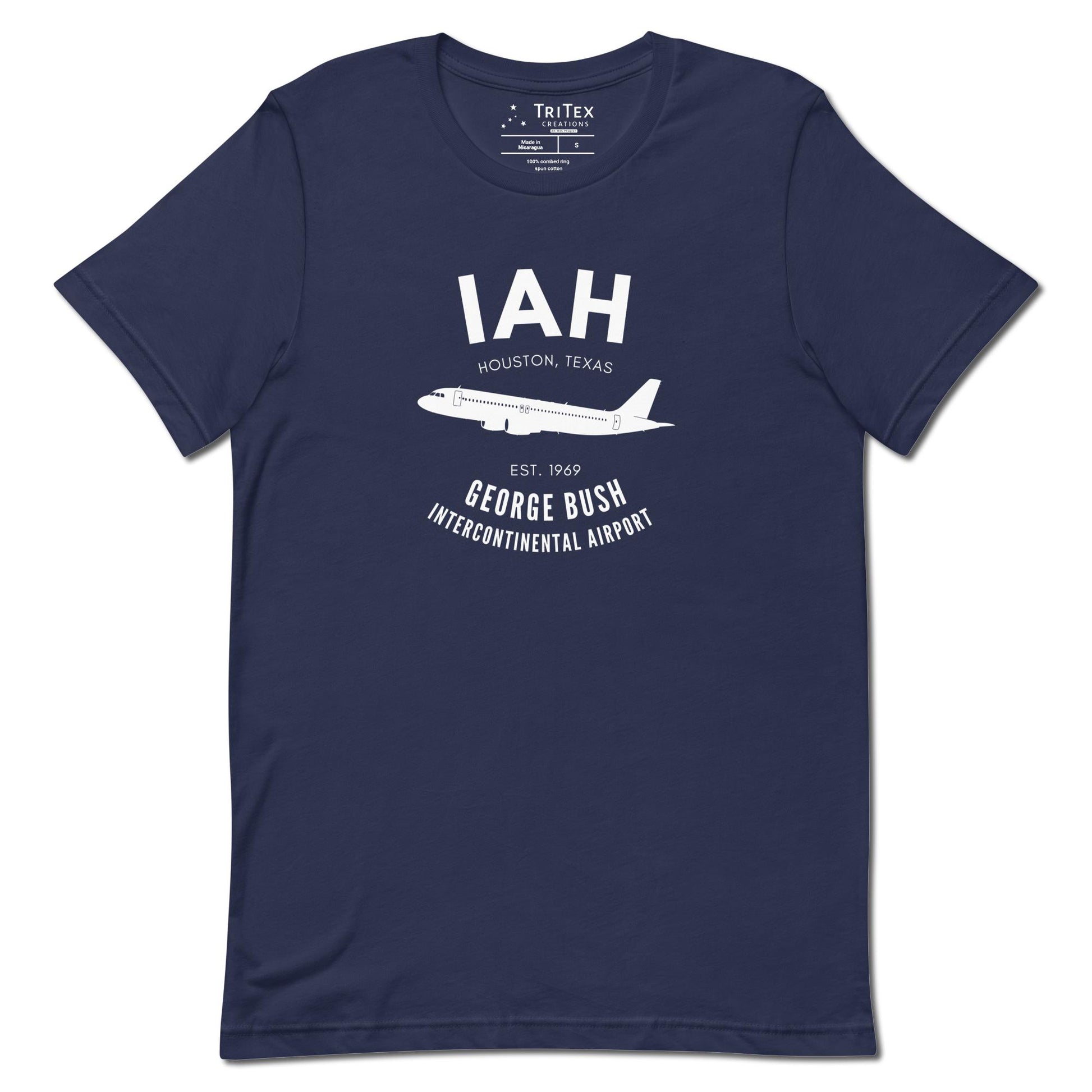 A navy t-shirt with a silhouette of a passenger plane with the text "IAH Houston, Texas EST. 1969 George Bush Intercontinental Airport".