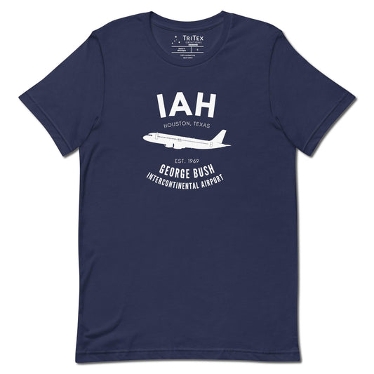 A navy t-shirt with a silhouette of a passenger plane with the text "IAH Houston, Texas EST. 1969 George Bush Intercontinental Airport".