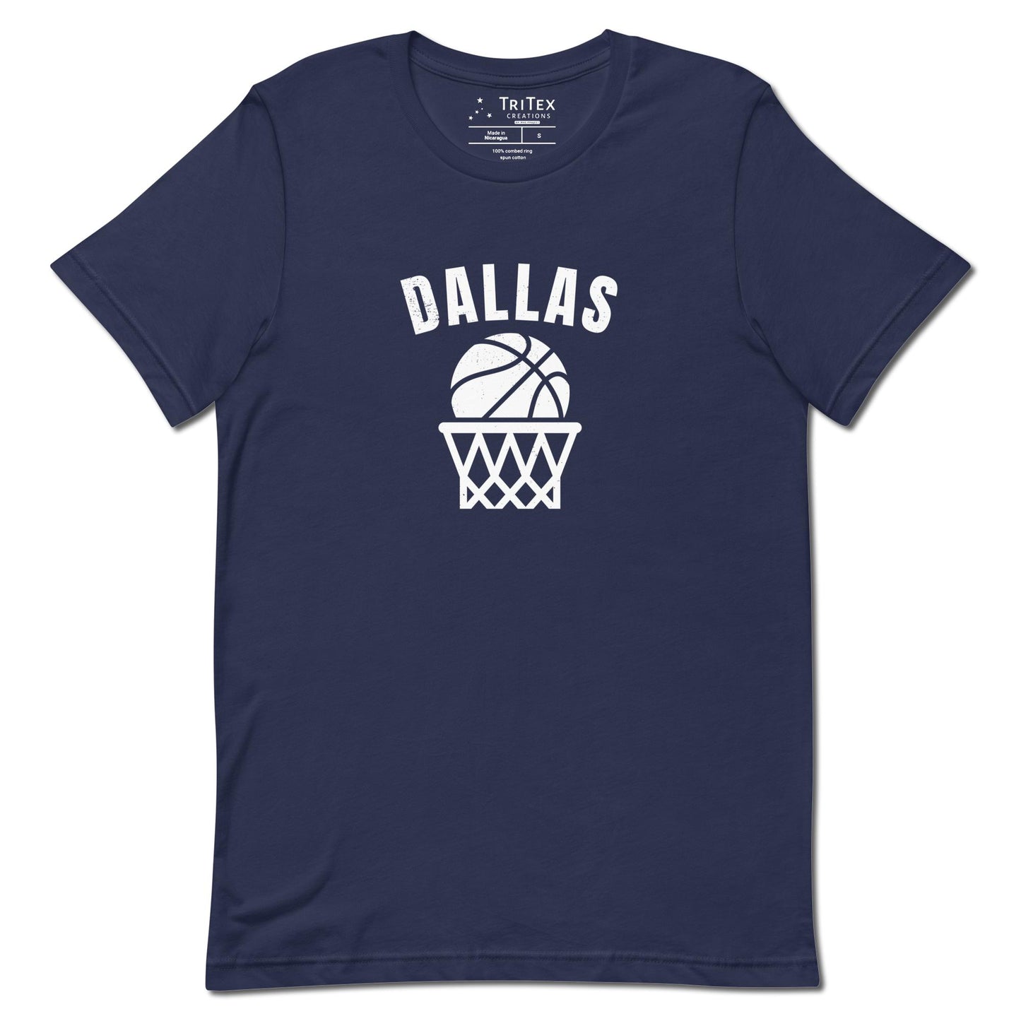 A navy t-shirt featuring a basketball and net with the words "Dallas".