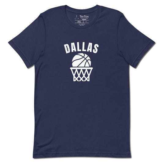 A navy t-shirt featuring a basketball and net with the words "Dallas".