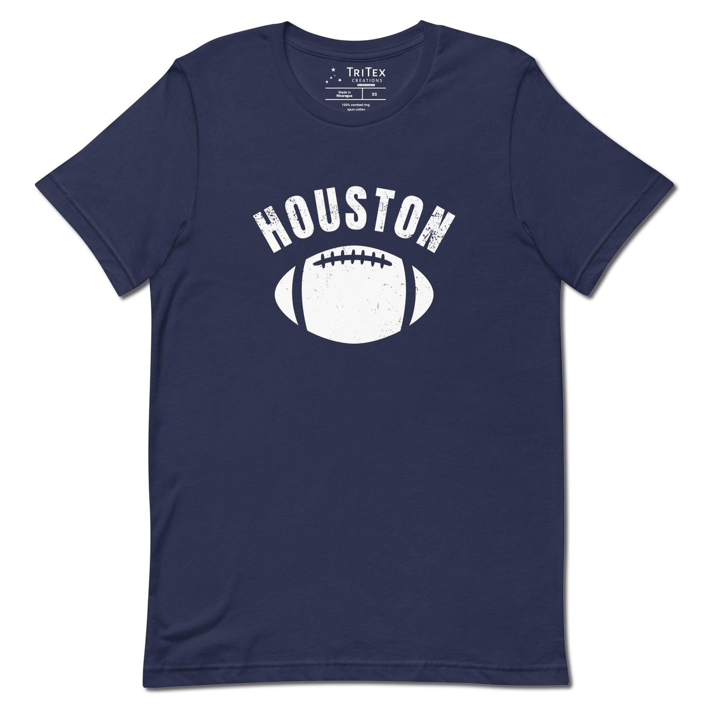 A navy blue t-shirt featuring the silhouette of a football and the words "Houston".