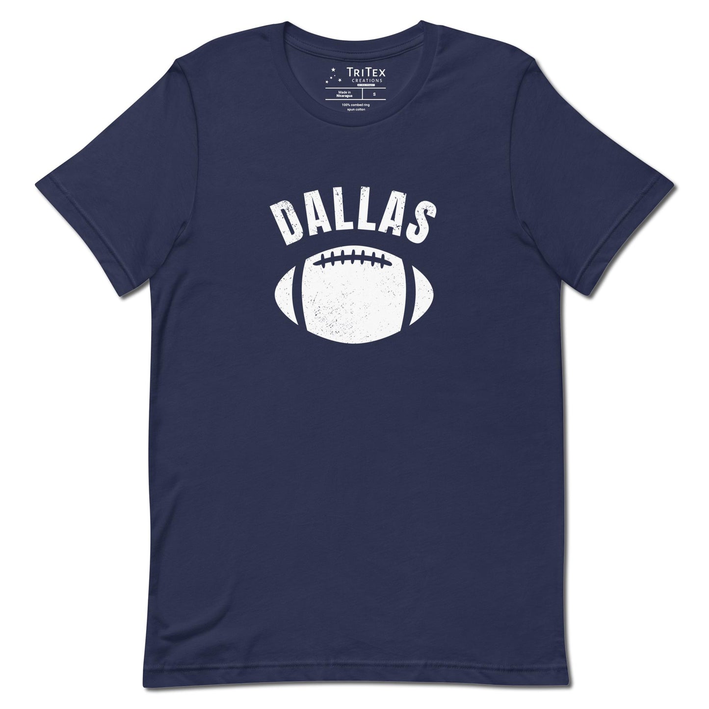 A navy blue t-shirt featuring the silhouette of a football and the words "Dallas".