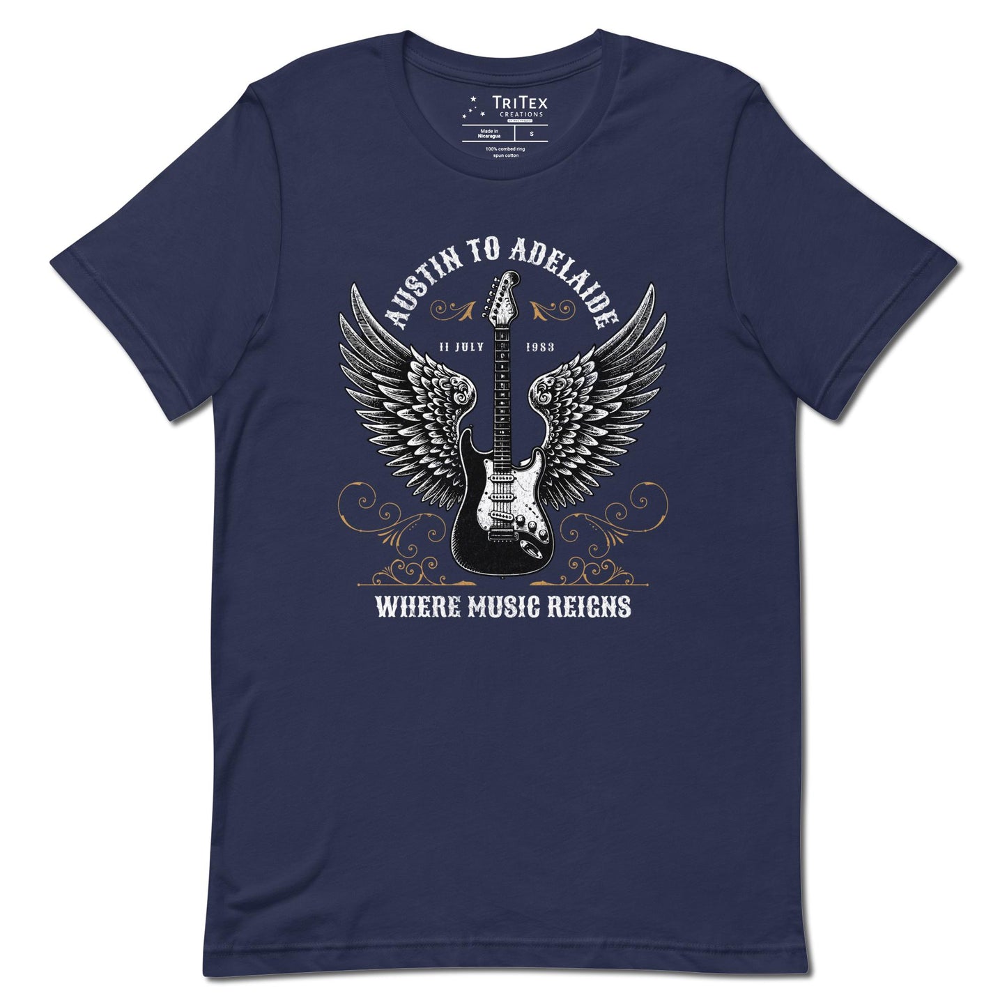 A navy blue t-shirt featuring an electric guitar with wings and the words "Austin to Adelaide 11 July 1983. Where music reigns".