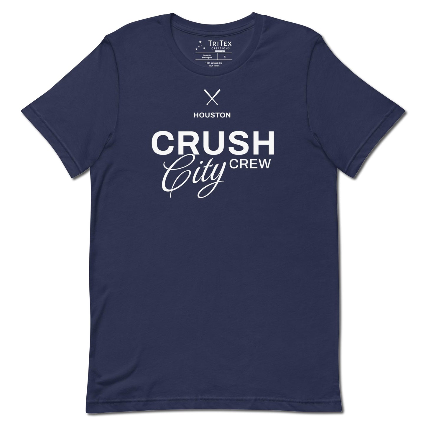 A navy blue t-shirt with the words "Houston Crush City Crew".