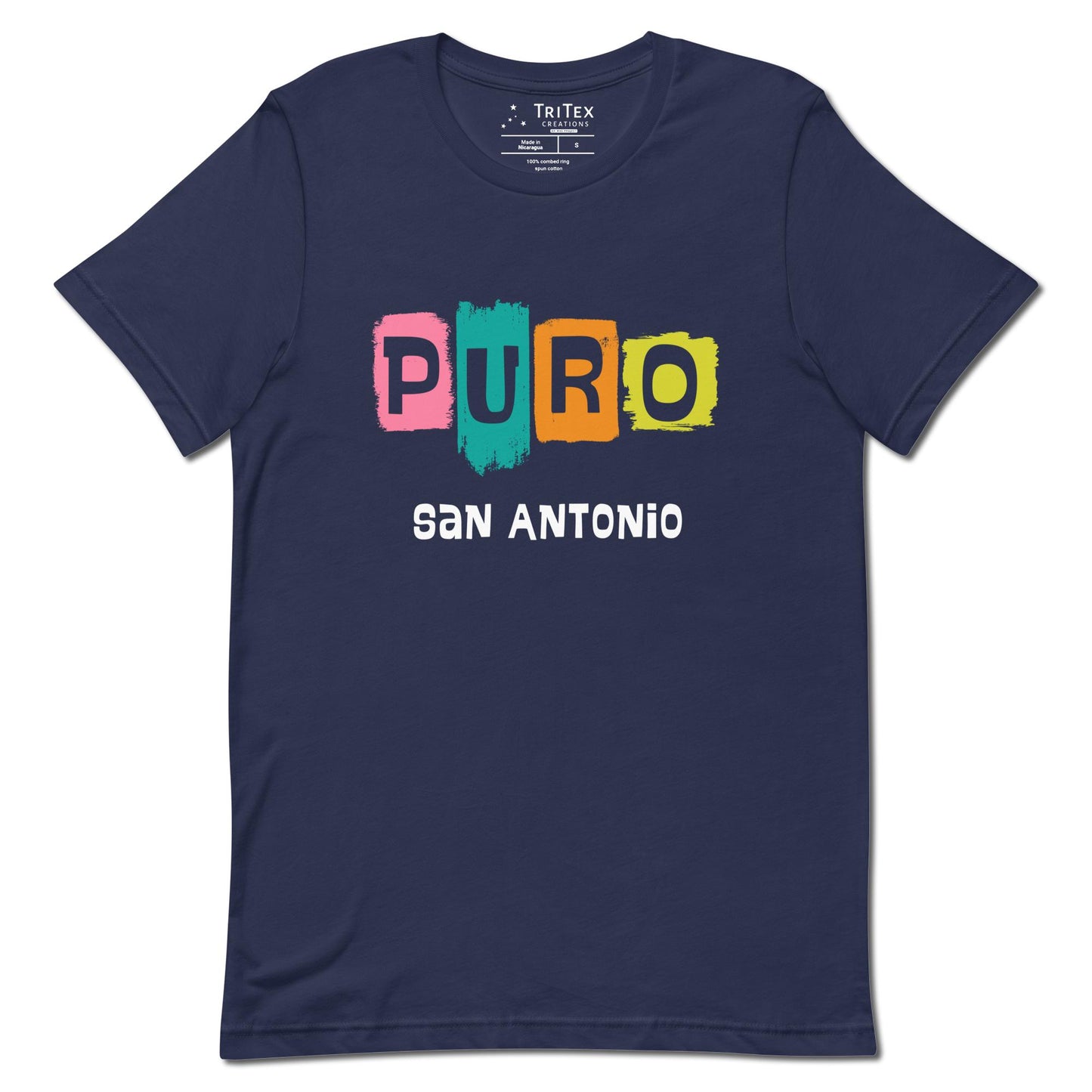 A navy blue t-shirt with the text "Puro San Antonio".