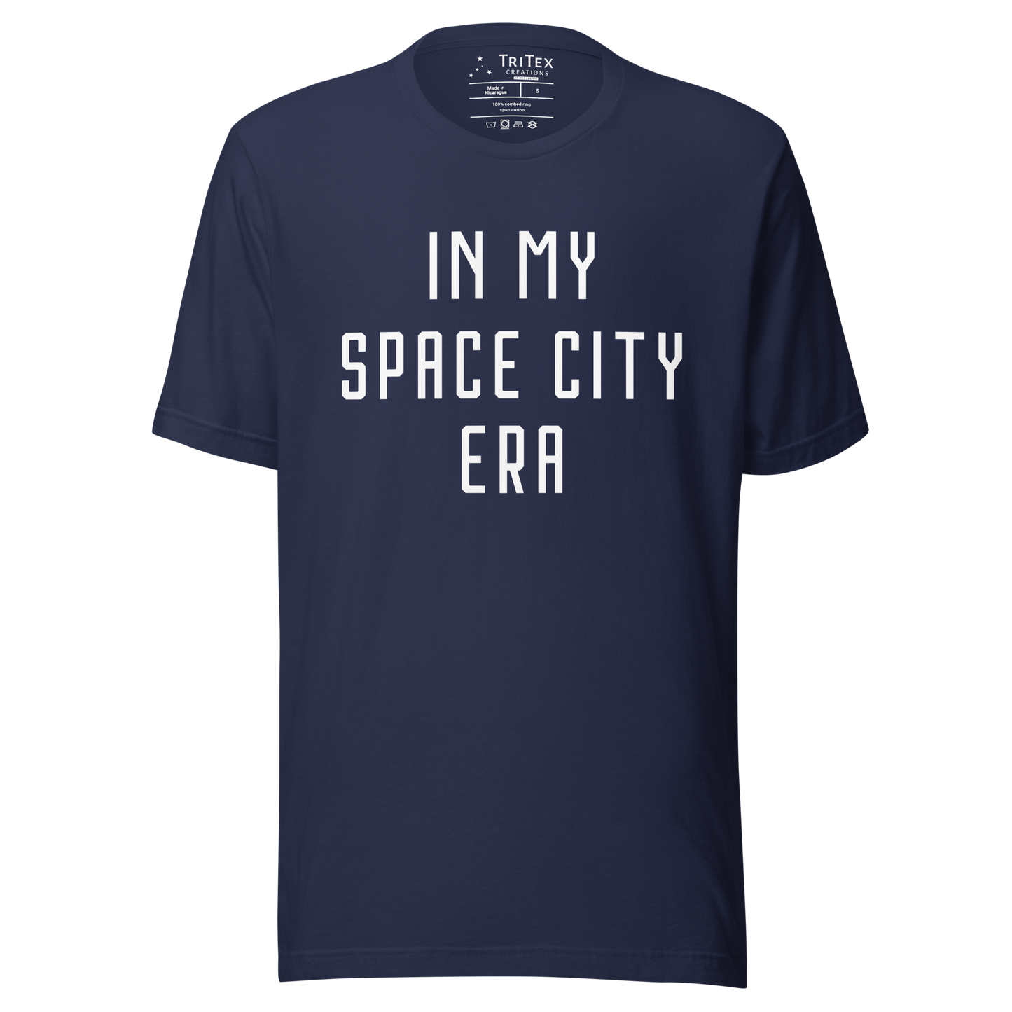 A navy blue t-shirt featuring with the text "In my Space City era".