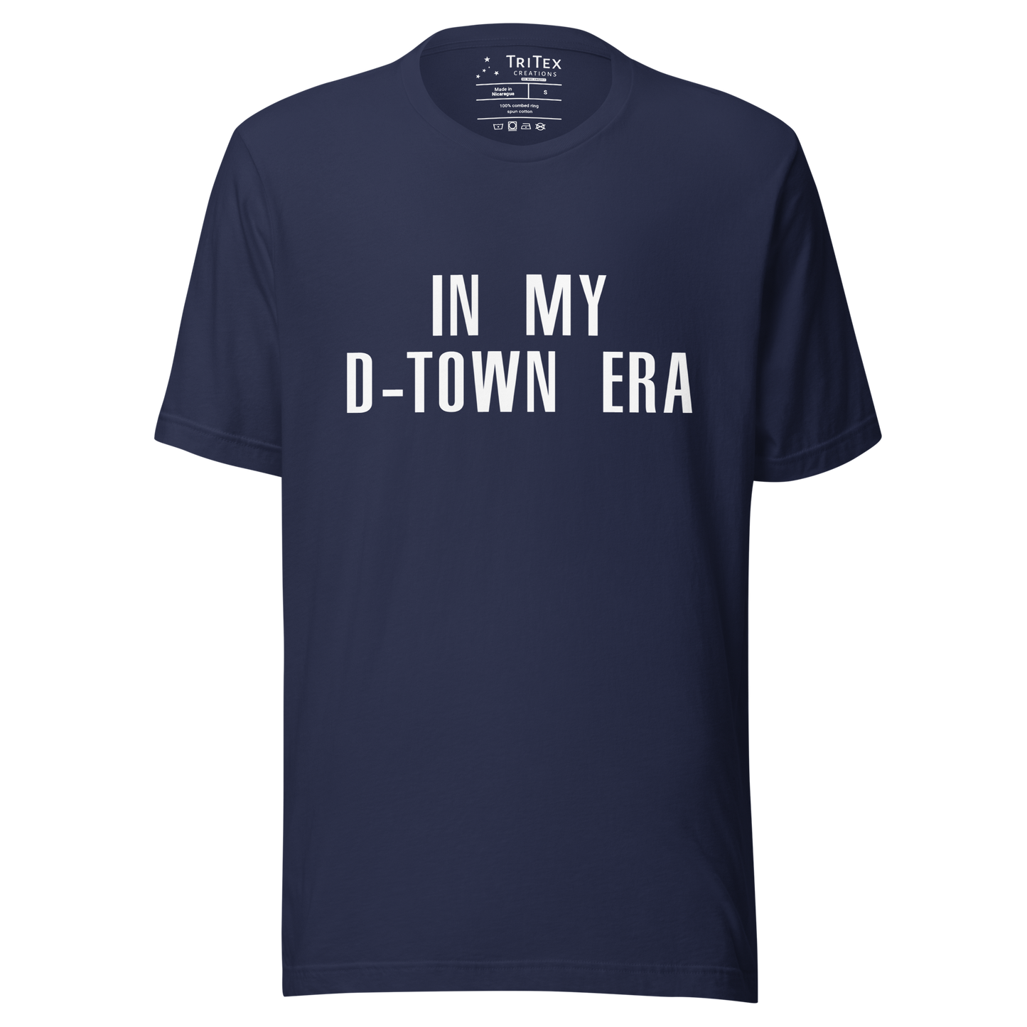 A navy blue t-shirt featuring with the text "In my D-Town era".