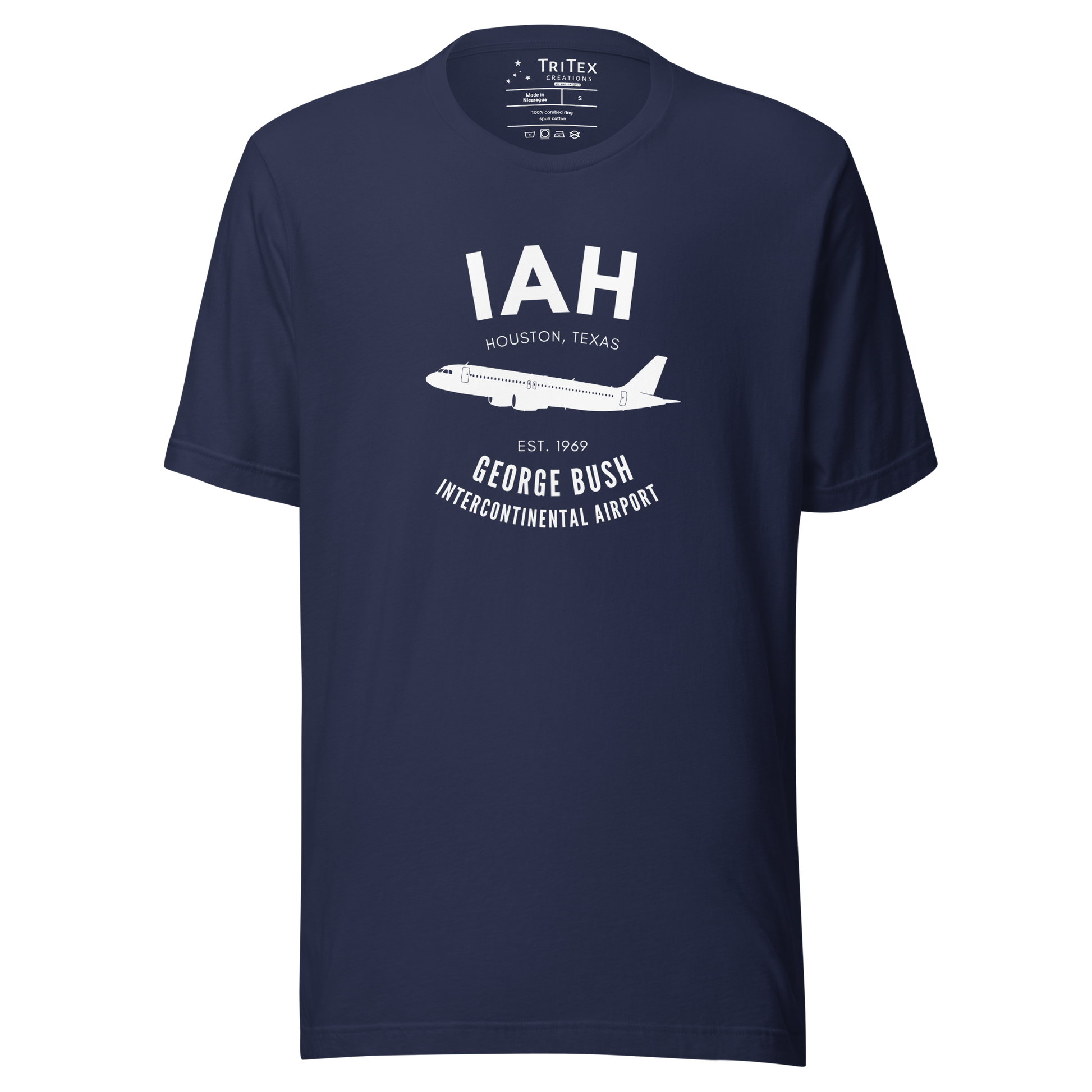 A navy t-shirt with a silhouette of a passenger plane with the text "IAH Houston, Texas EST. 1969 George Bush Intercontinental Airport".
