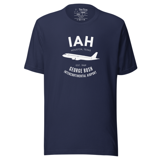 A navy t-shirt with a silhouette of a passenger plane with the text "IAH Houston, Texas EST. 1969 George Bush Intercontinental Airport".