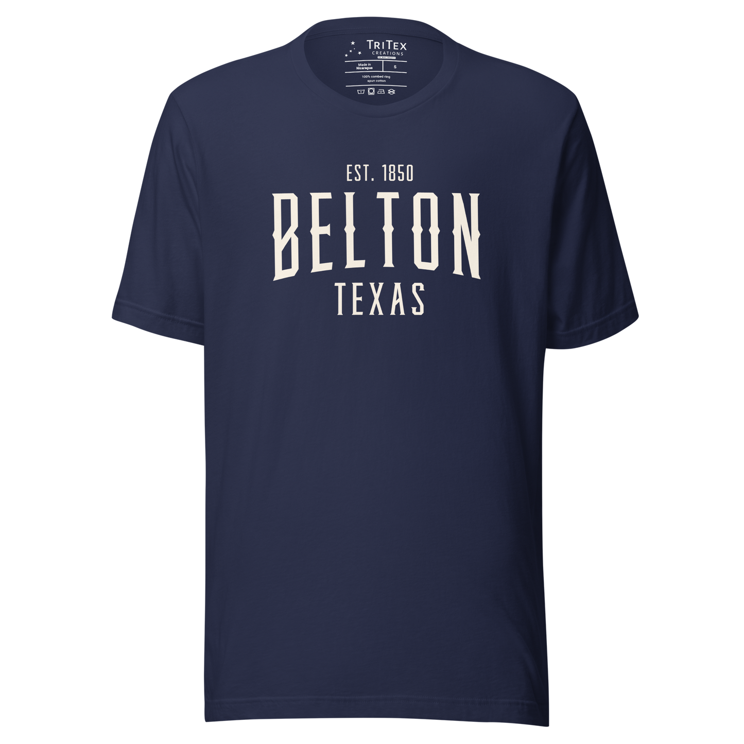 A navy blue t-shirt with the words "Belton Texas Est. 1850".