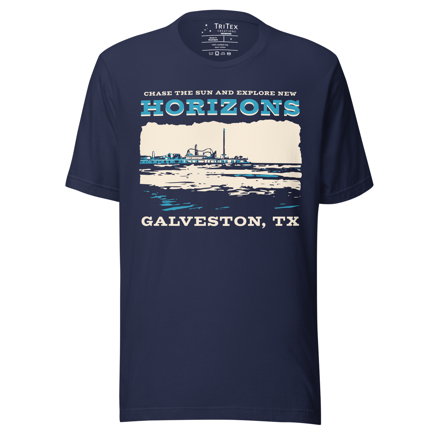 A navy blue t-shirt featuring Pleasure Pier and the shoreline with the words "Chase the sun and explore new horizons Galveston, TX".
