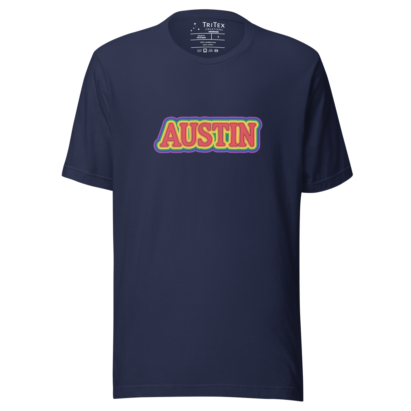 A navy blue t-shirt featuring the words Austin in rainbow colors.