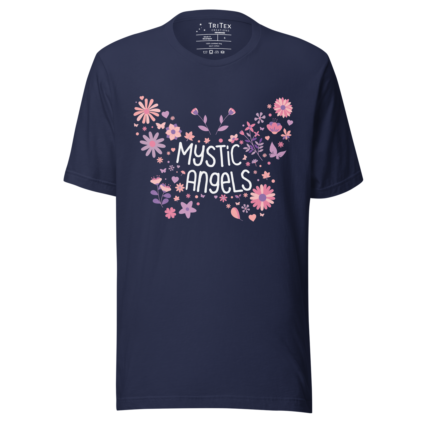 A navy blue t-shirt with the words "Mystic Angels" surrounded by leaves and flowers in the shape of a butterfly.