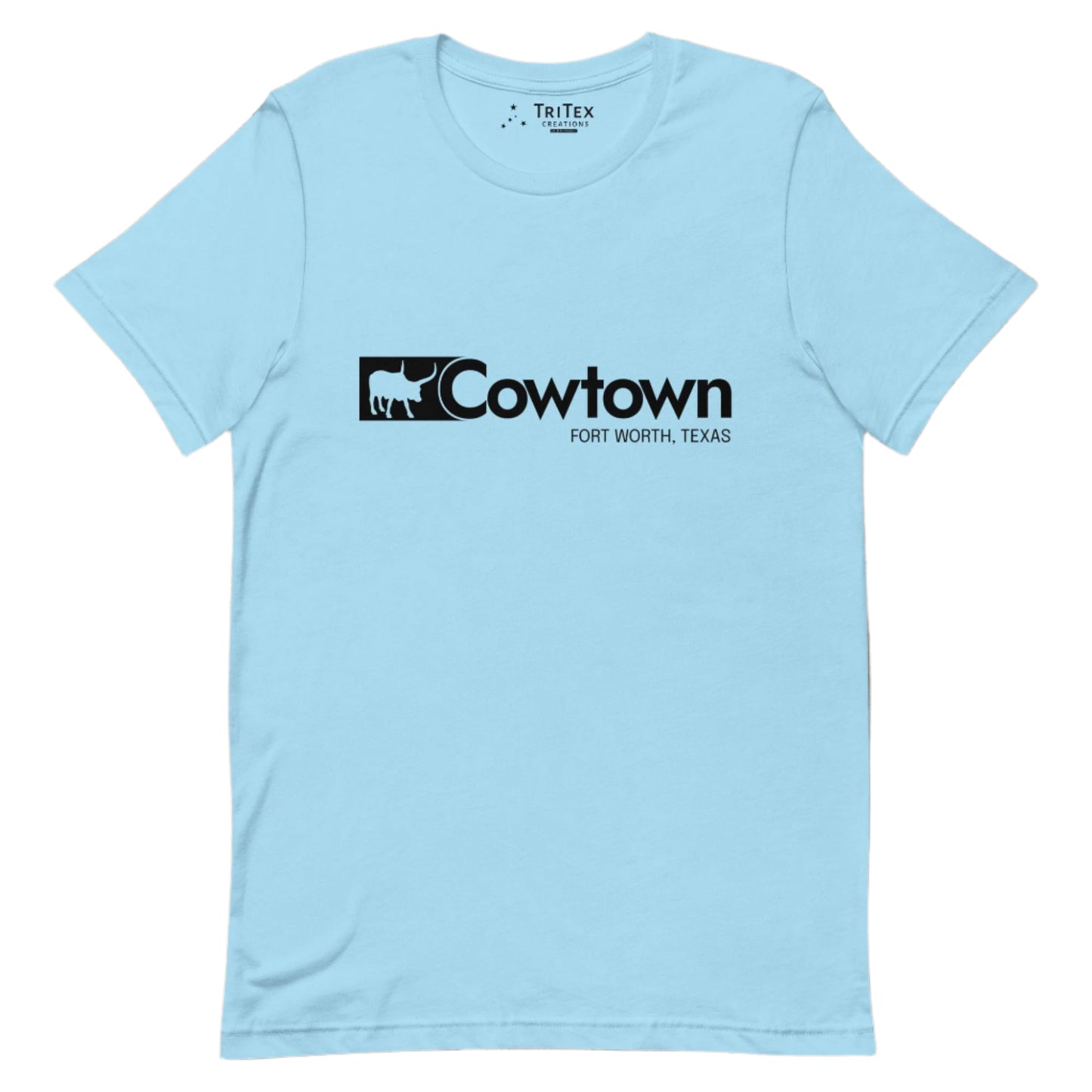 A ocean blue t-shirt which reads "Cowtown Fort Worth, Texas" in the style of the Wrangler logo.