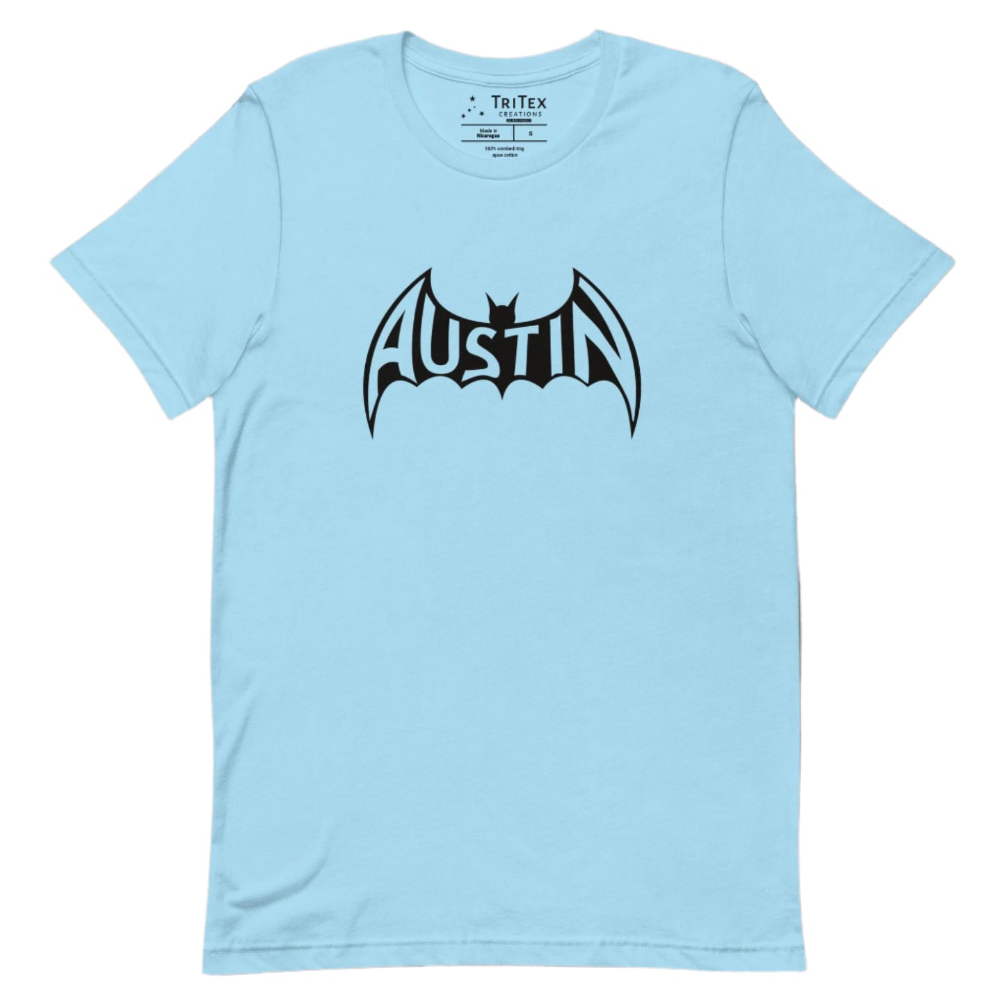 An ocean blue t-shirt featuring a silhouette of a bat with Austin inside.