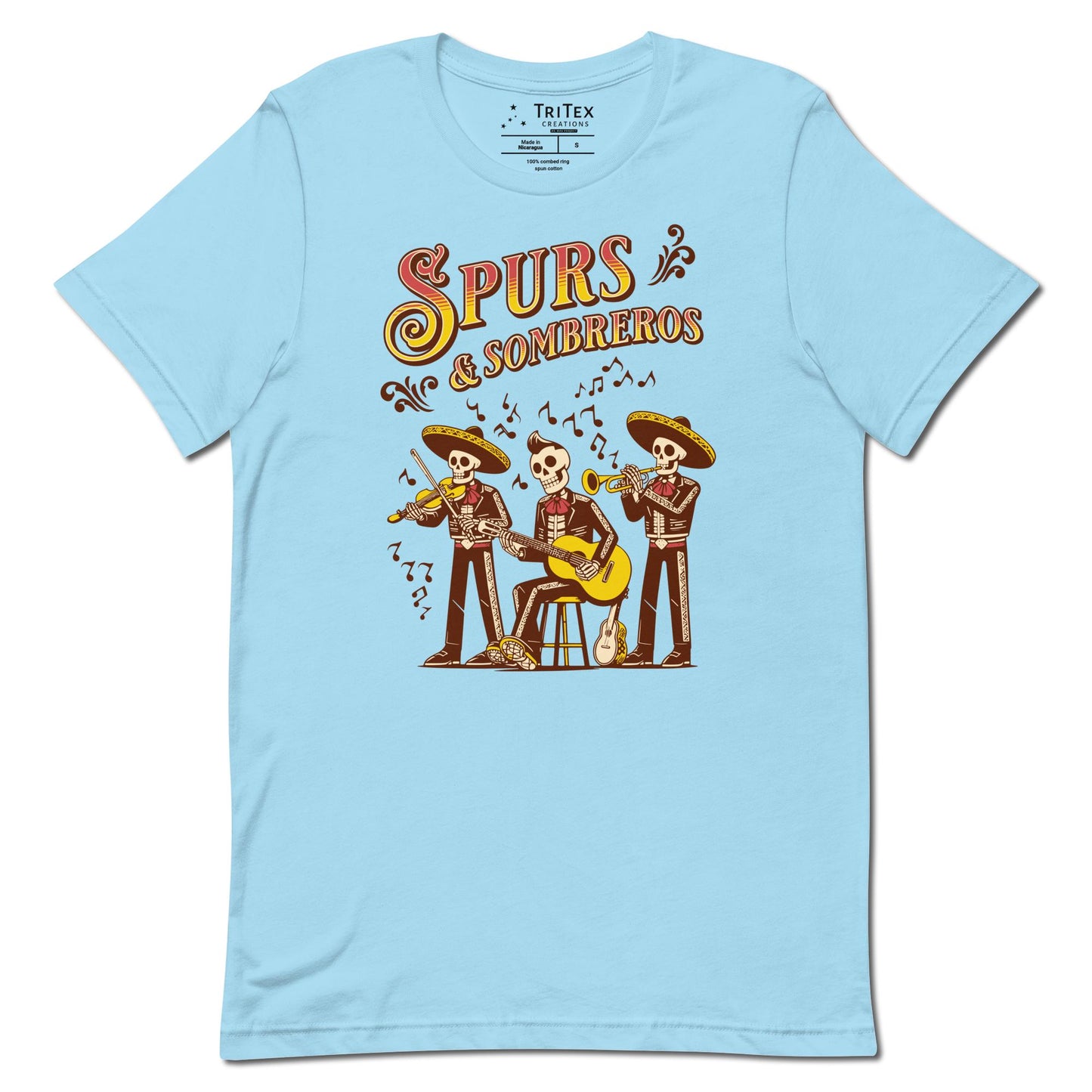 A ocean blue t-shirt featuring some skeleton mariachis playing music with the words "Spurs & Sombreros".