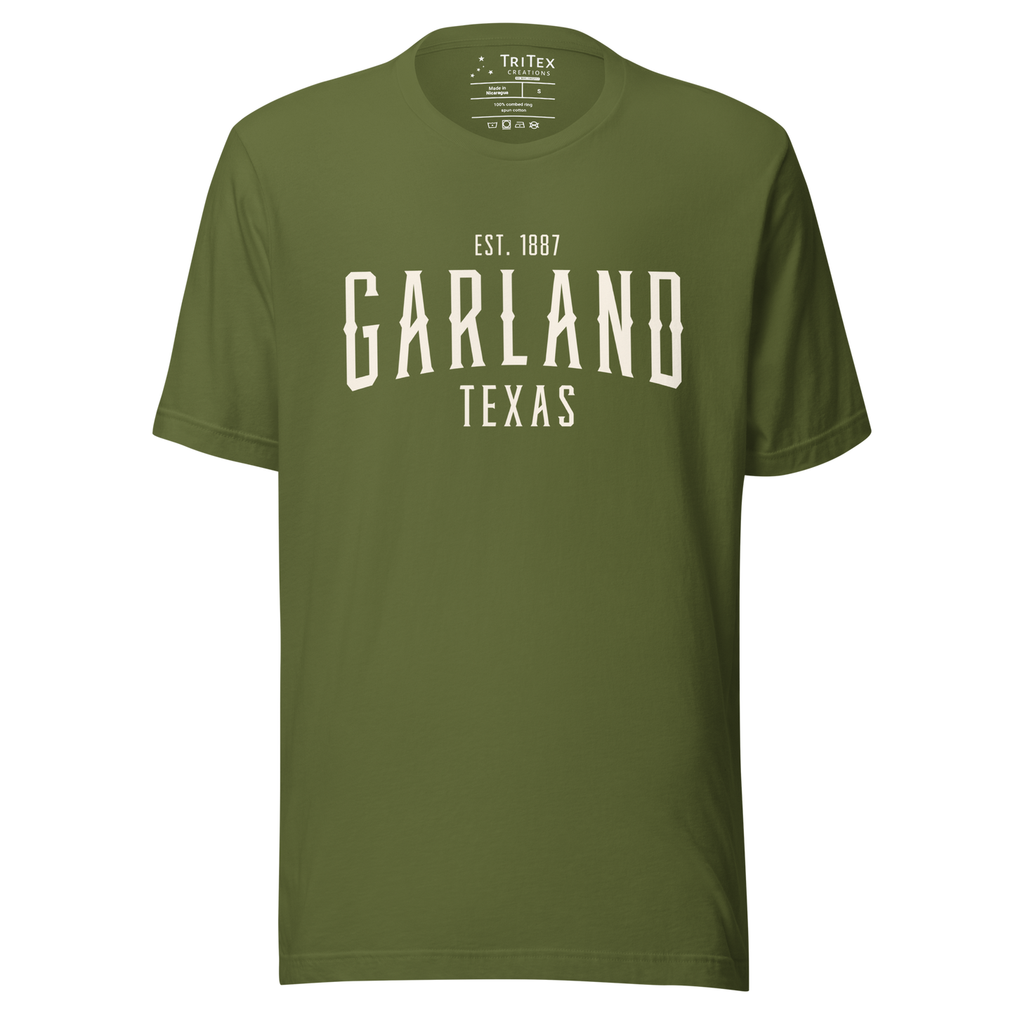 An olive green t-shirt with the words "Garland Texas Est. 1887".