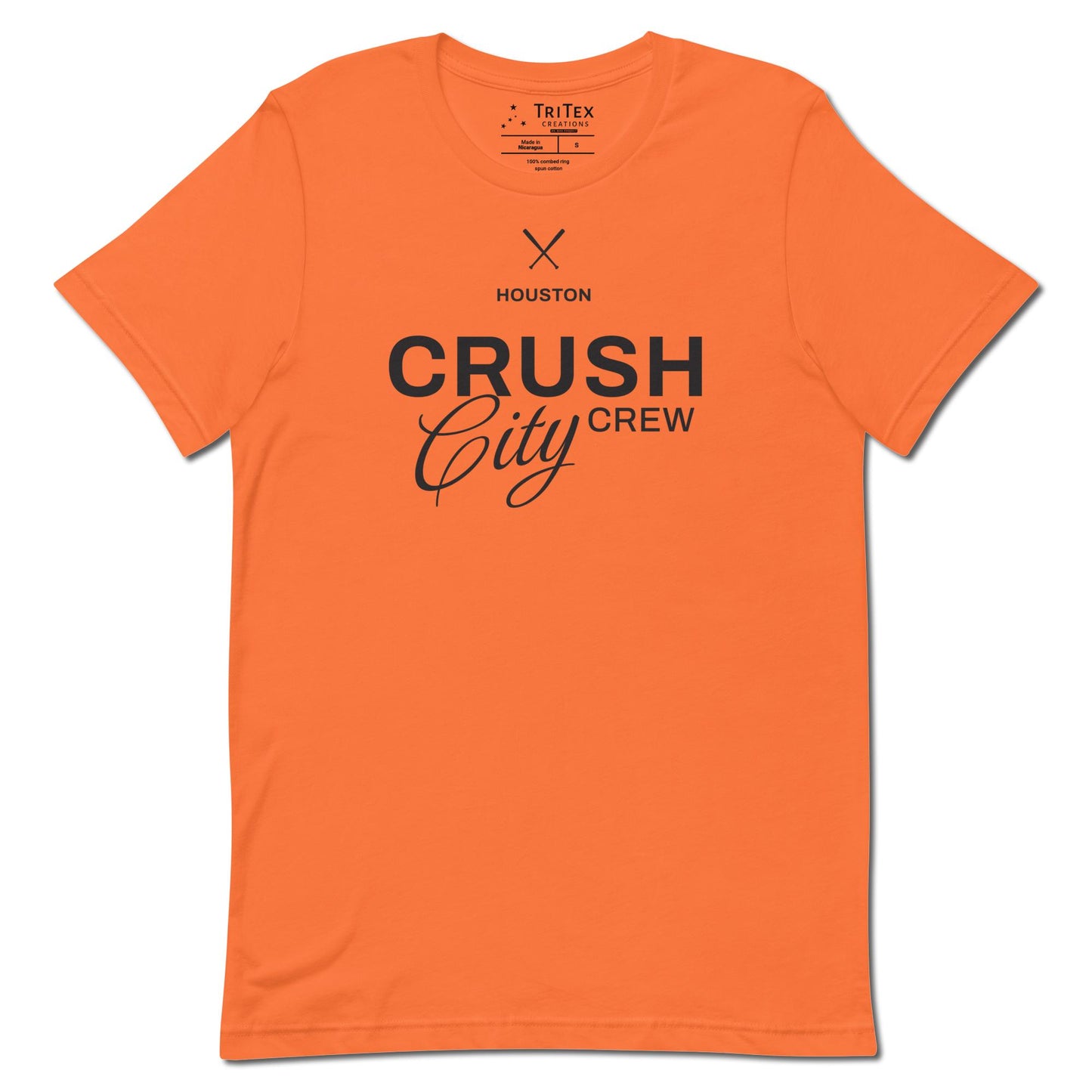 A navy orange t-shirt with the words "Houston Crush City Crew".